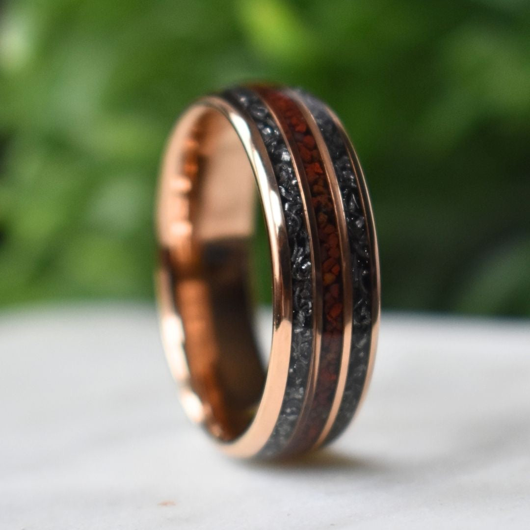 Tungsten 8mm Rose Gold Ring with Red Dinosaur Bone & Meteorite Ring - Tungsten Titans