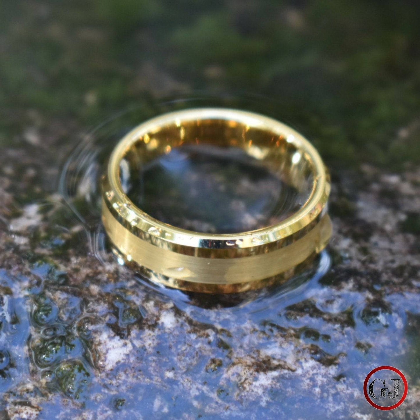 Tungsten 8mm Brushed Gold Ring with High Polished Edges - Tungsten Titans