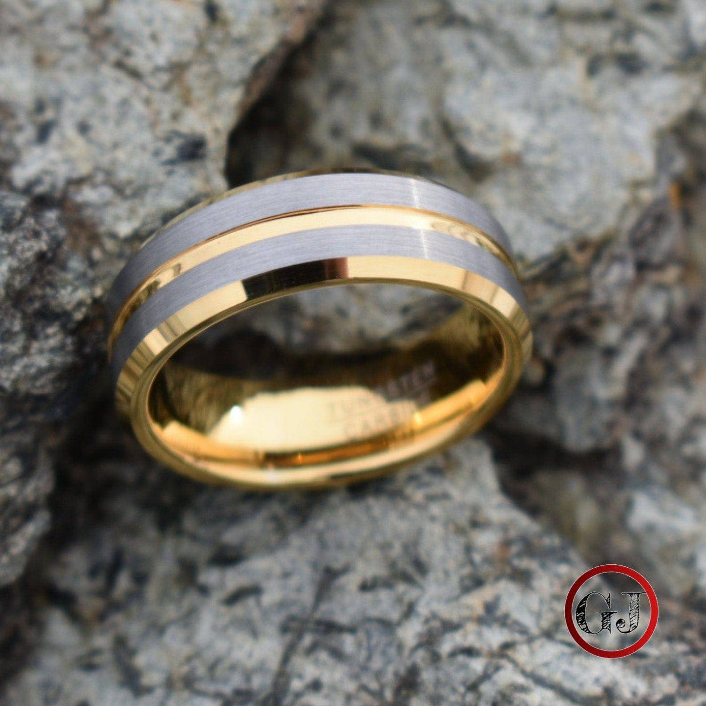 Tungsten 8mm Gold Ring with Brushed Silver Bands - Tungsten Titans