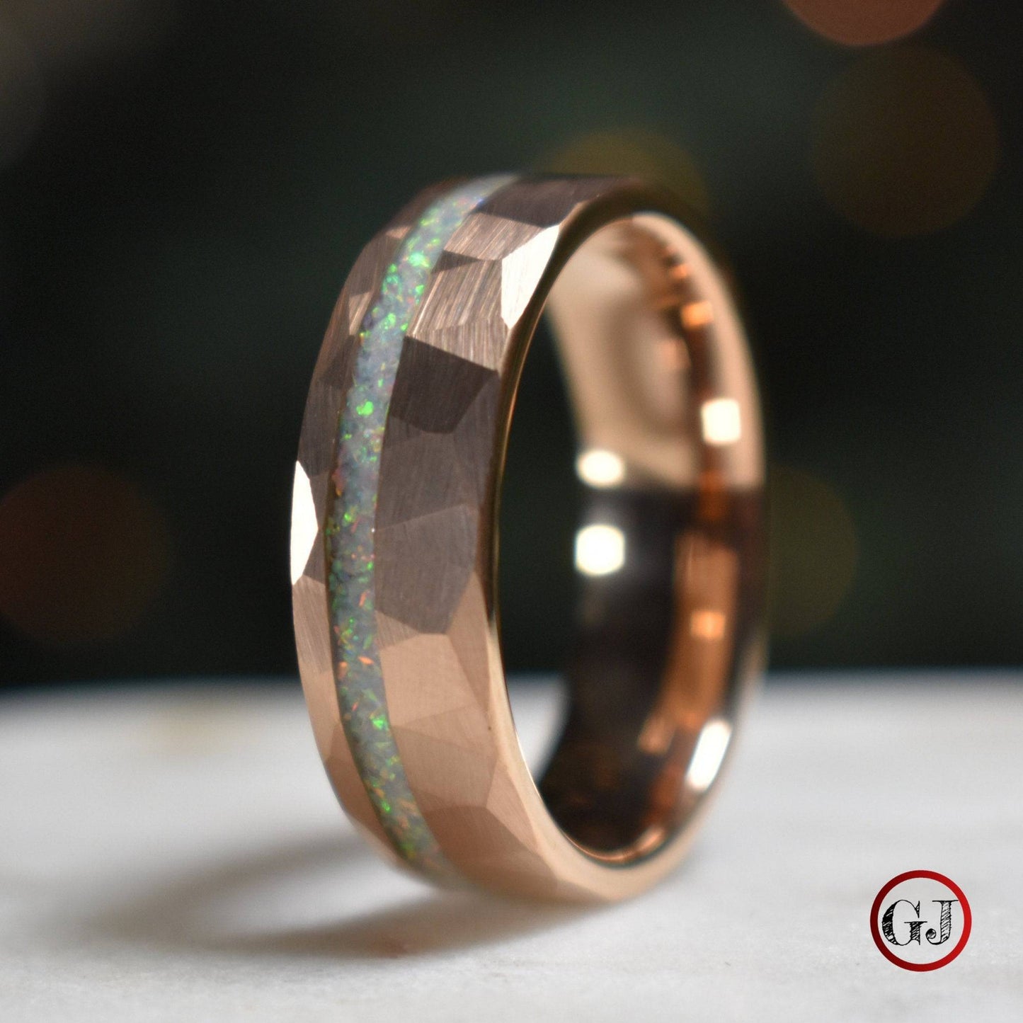 Tungsten 8mm Hammered Rose Gold Ring with Crushed Opal Centre - Tungsten Titans