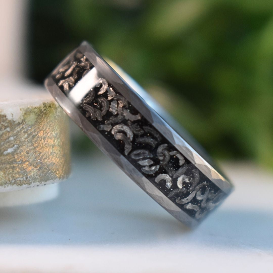 Hammered 8mm Tungsten Ring with Meteorite Inlay - Tungsten Titans
