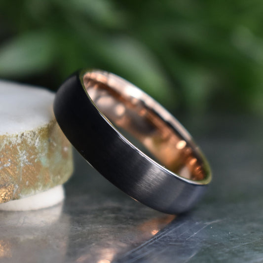 Black Brushed Tungsten 6mm Ring with Rose Gold Band - Tungsten Titans