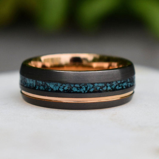 Tungsten 8mm Ring Grey with Rose Gold Accent and Crushed Turquoise - Tungsten Titans