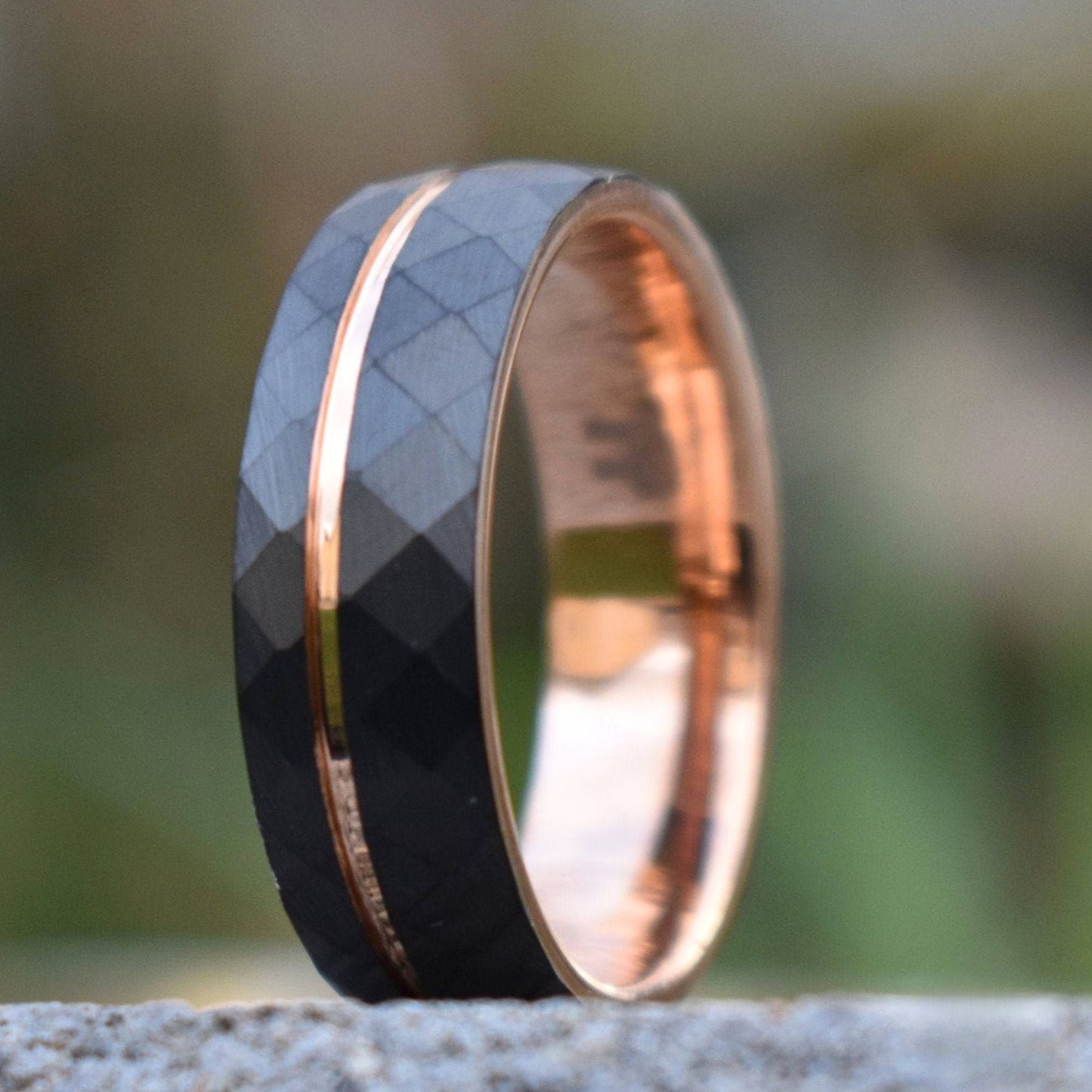 Hammered 8mm Black Tungsten Ring with Rose Gold Accent - Tungsten Titans