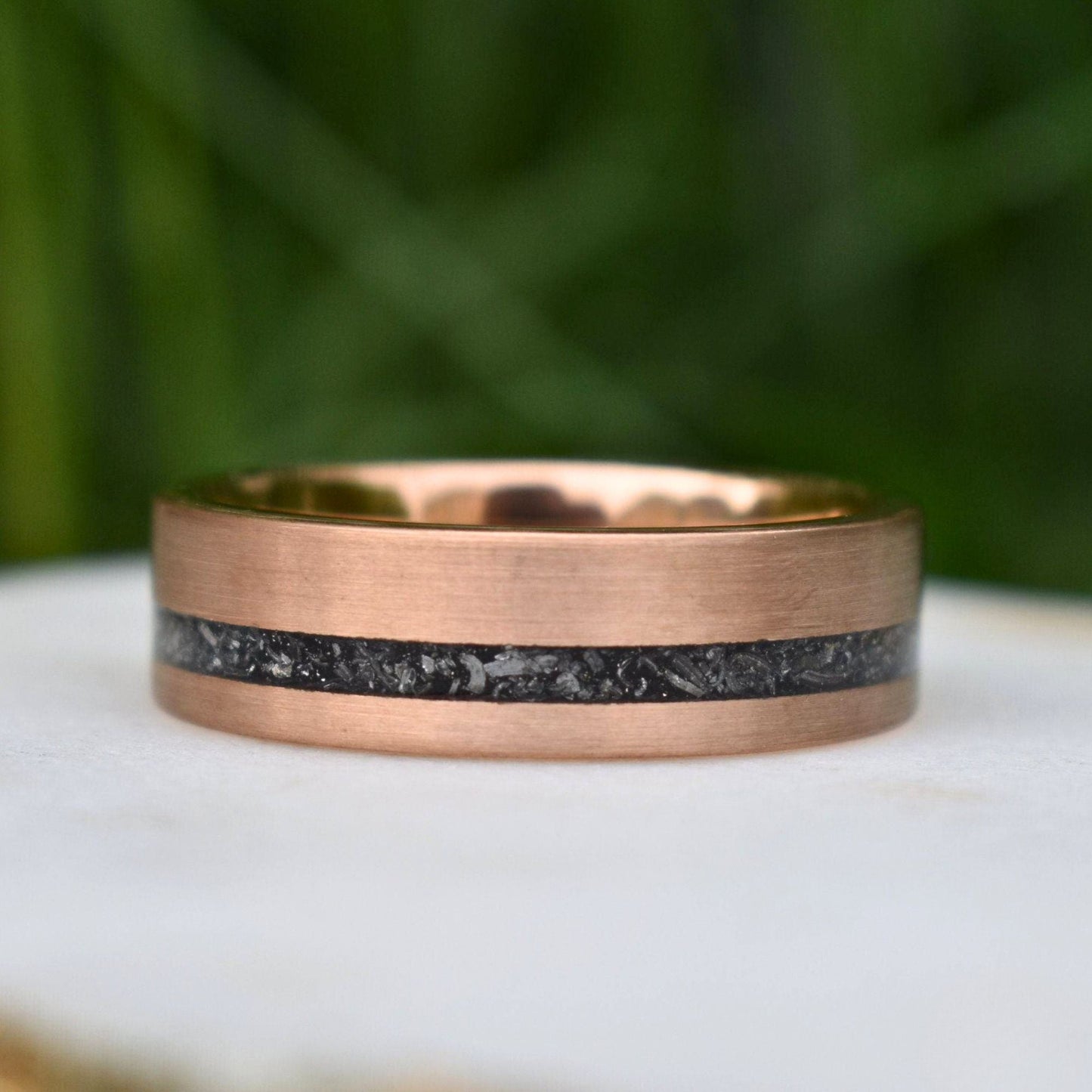 Tungsten 8mm Ring Rose Gold with Black Druzy Quartz and Meteorite - Tungsten Titans