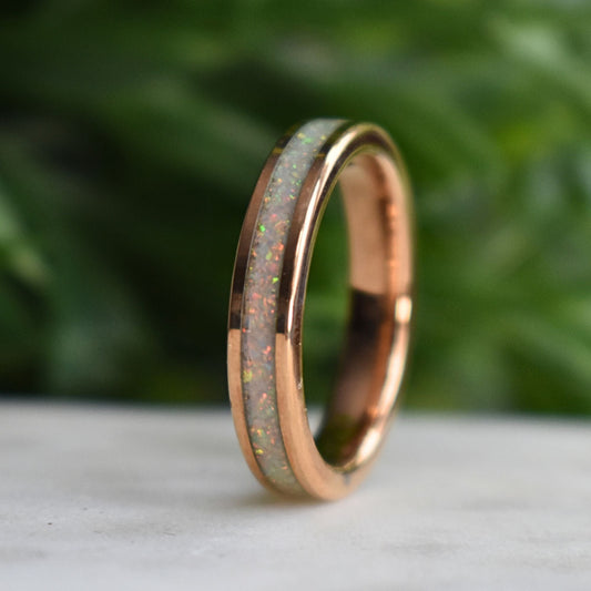 Tungsten 4mm Rose Gold Ring Crushed White Opal Wedding Band - Tungsten Titans