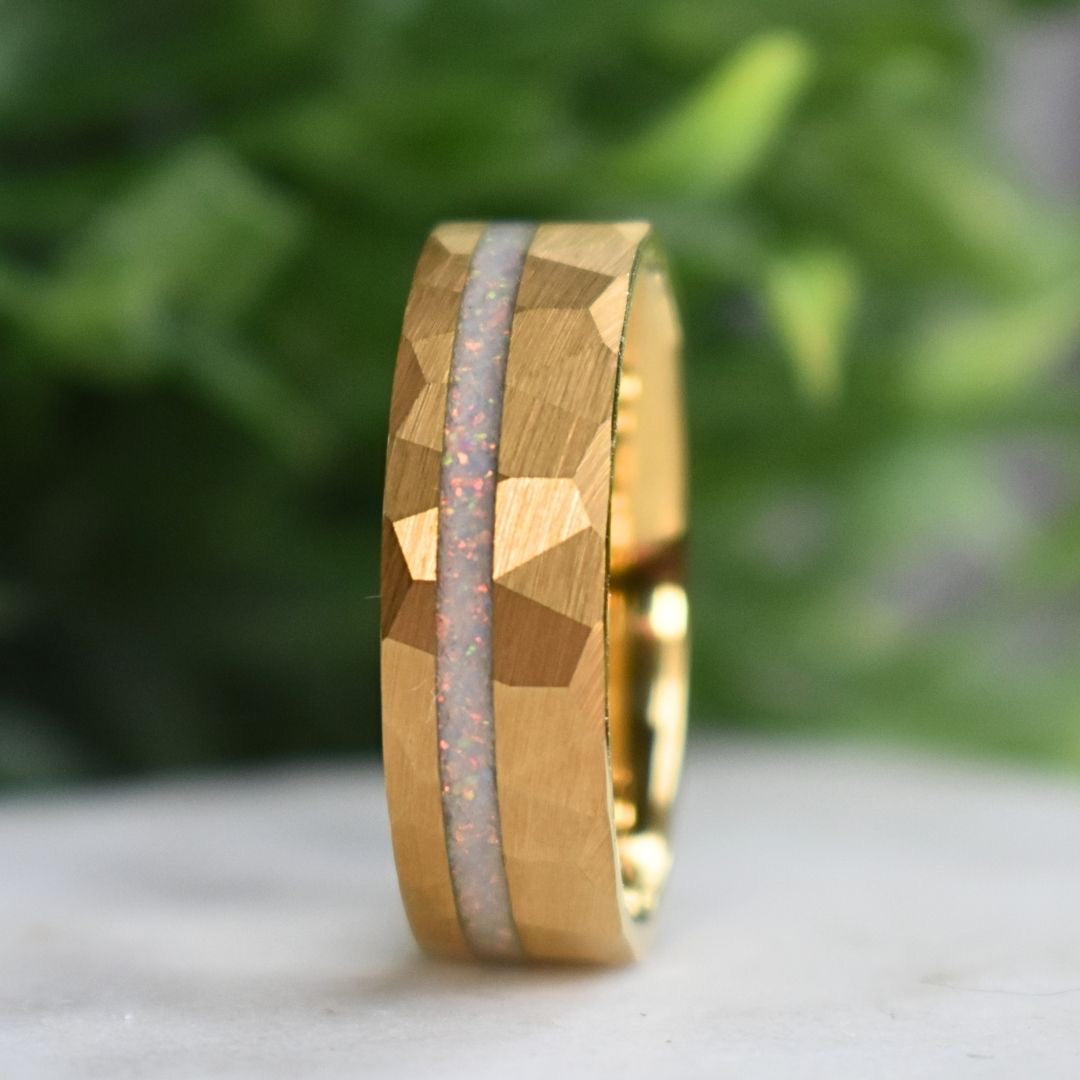 Tungsten 8mm Hammered Yellow Gold Ring with Crushed Opal Centre - Tungsten Titans