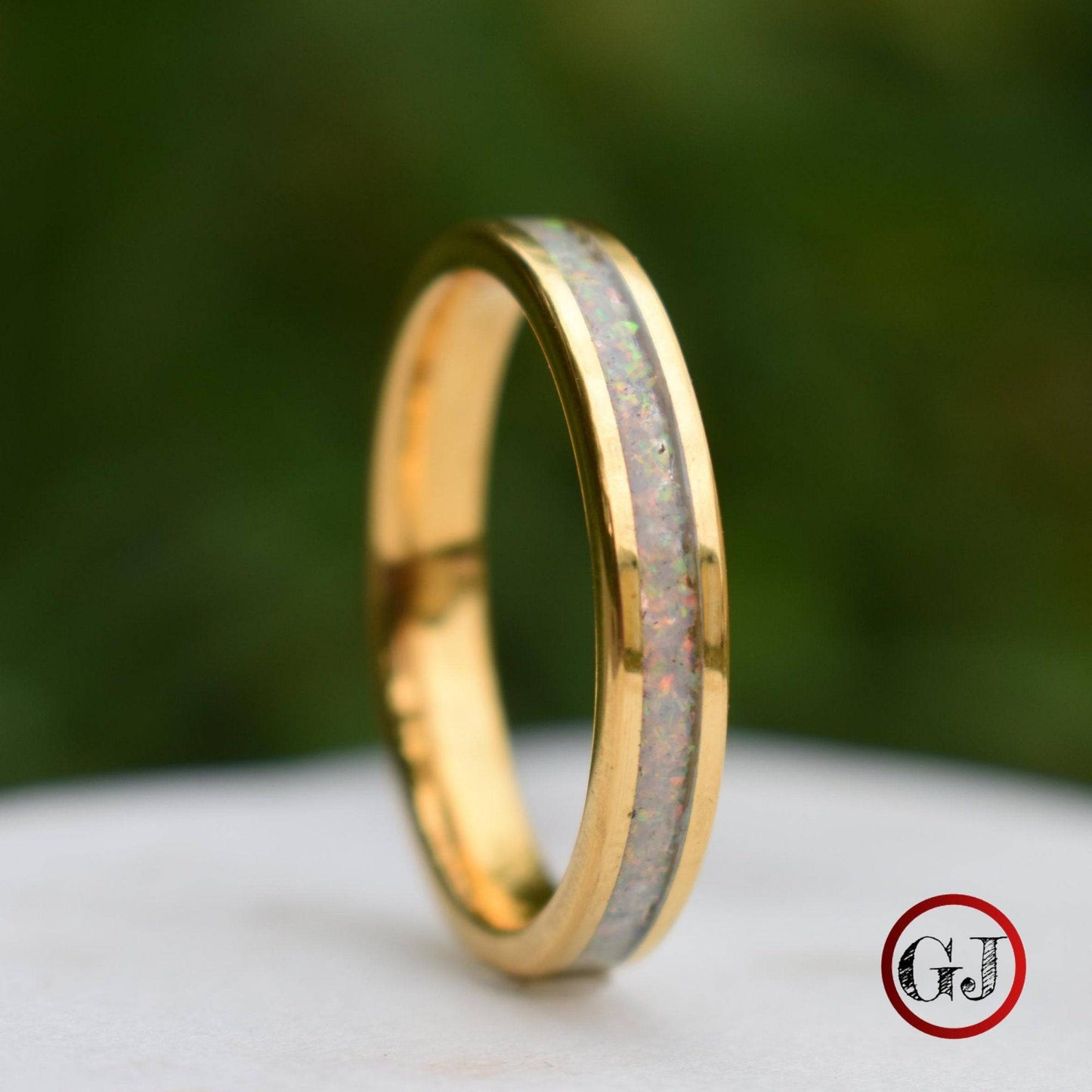 Tungsten 4mm Gold Ring Crushed White Opal Wedding Band - Tungsten Titans