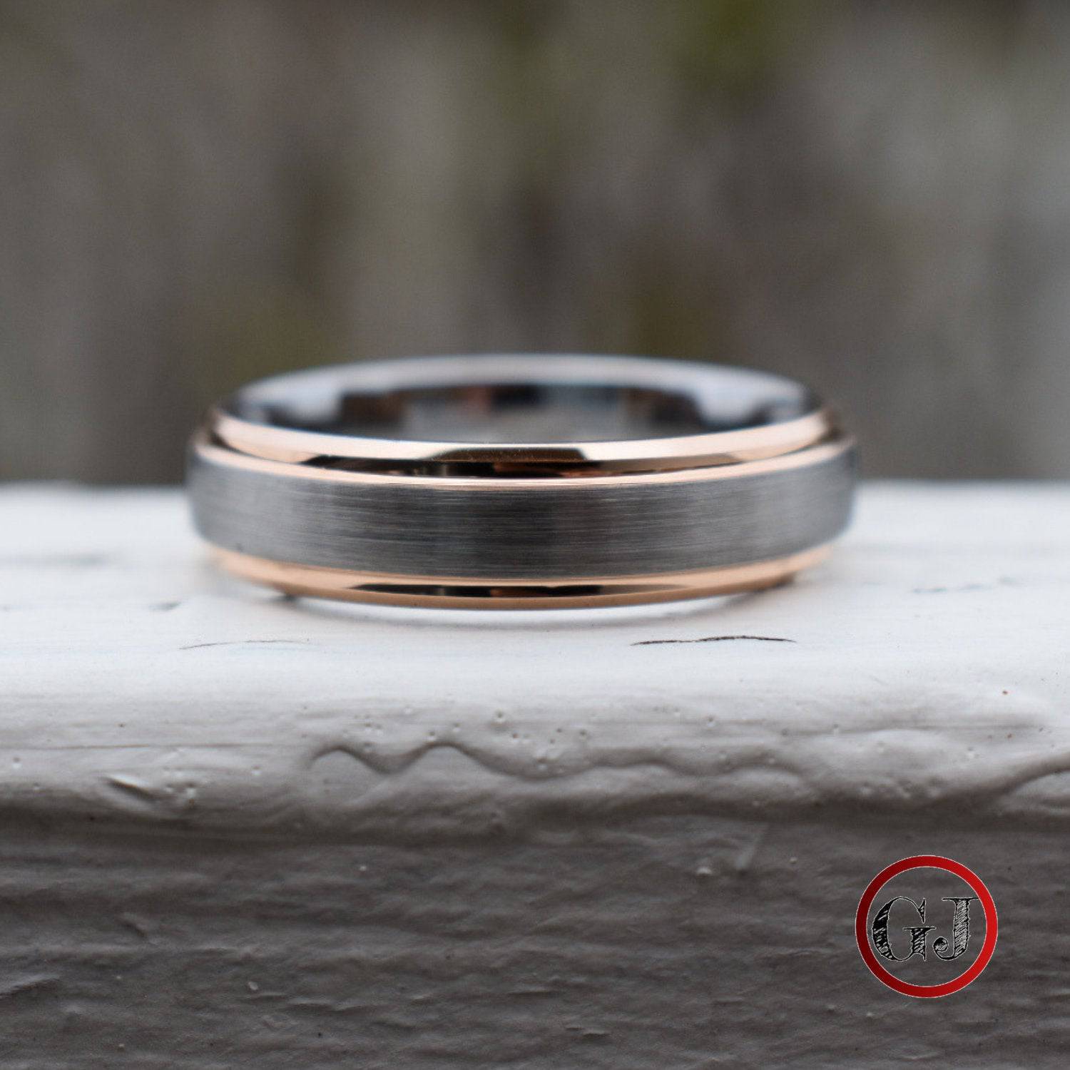 Tungsten 6mm Ring Brushed Silver with Rose Gold Bevelled Edges - Tungsten Titans