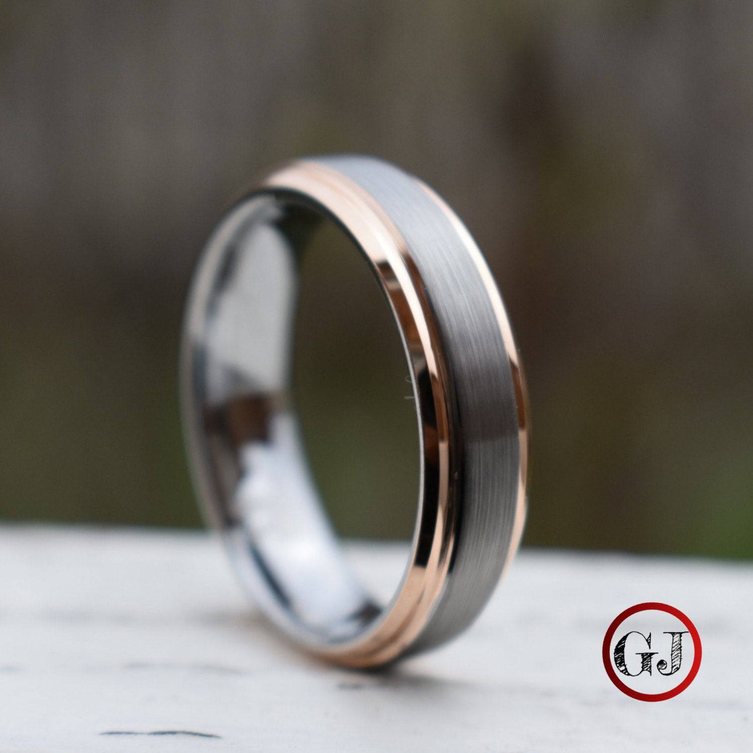 Tungsten 6mm Ring Brushed Silver with Rose Gold Bevelled Edges - Tungsten Titans