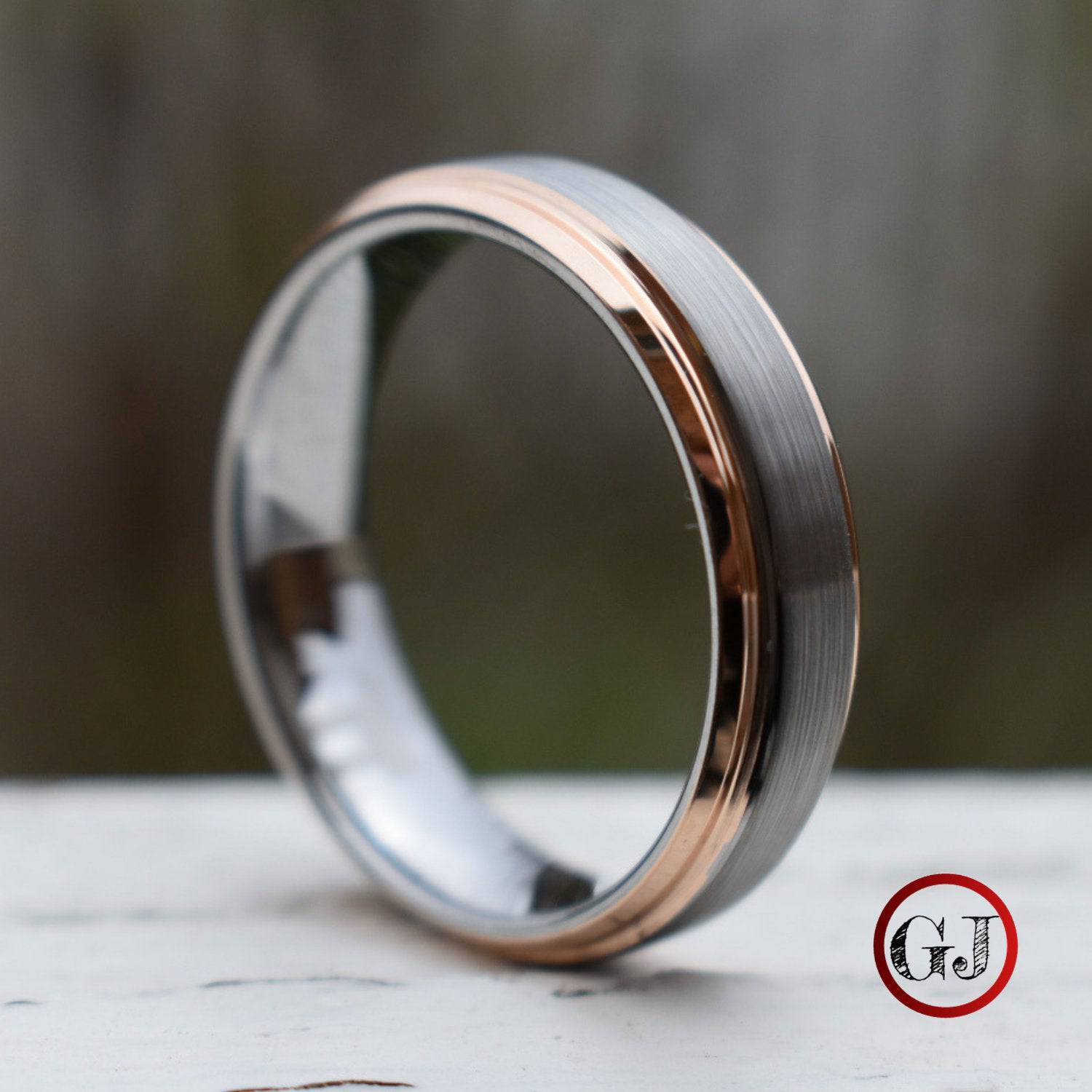 Tungsten 6mm Ring Brushed Silver with Rose Gold Bevelled Edges - Tungsten Titans