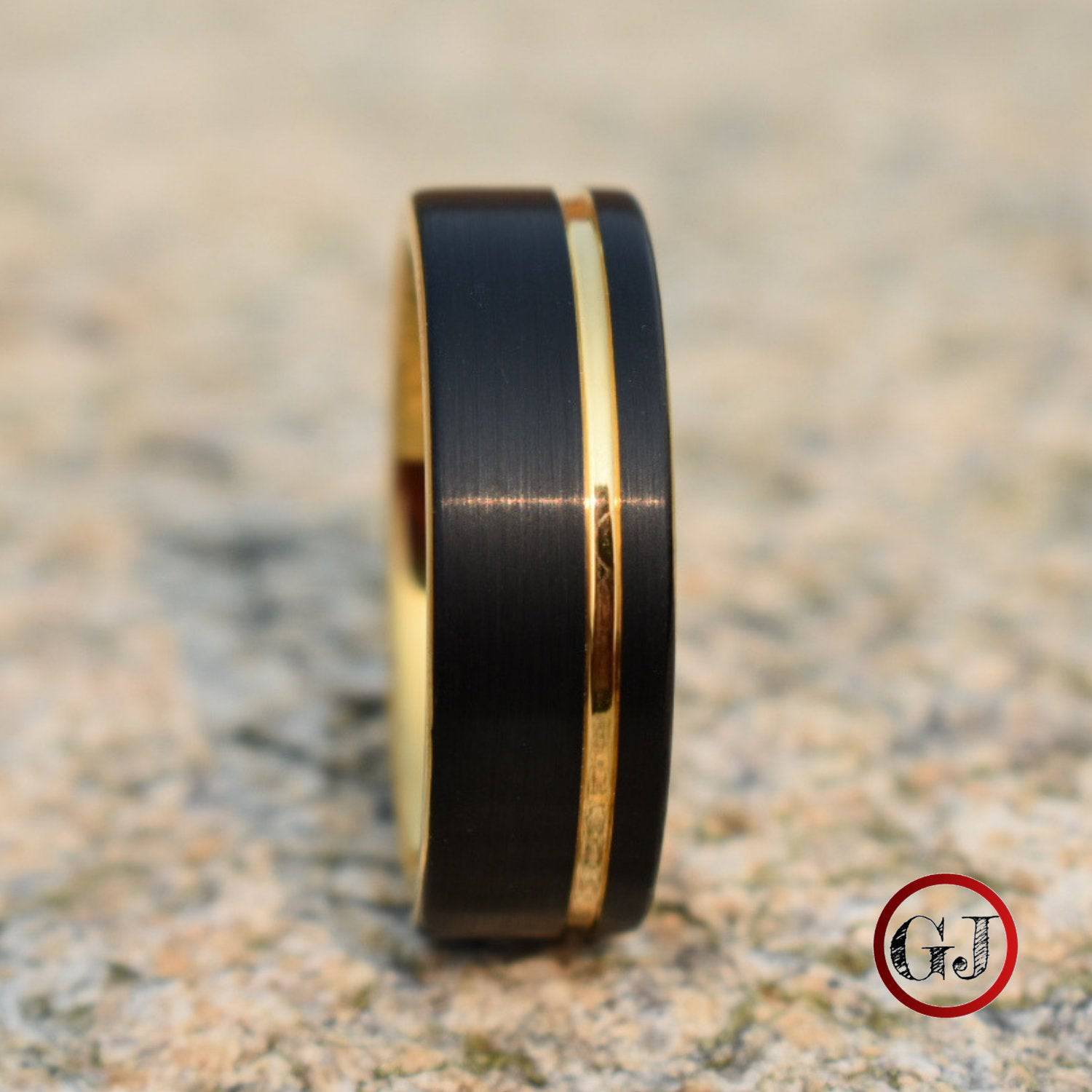 Tungsten 8mm Ring Brushed Black with Gold Accent Stripe - Tungsten Titans