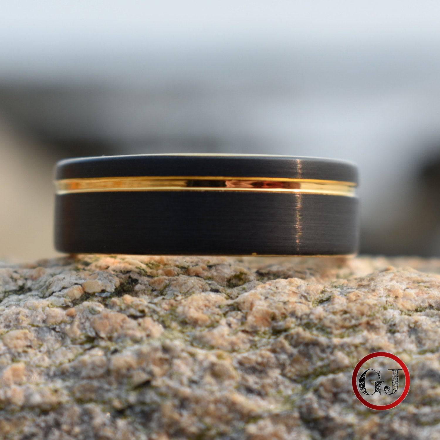 Tungsten 8mm Ring Brushed Black with Gold Accent Stripe - Tungsten Titans