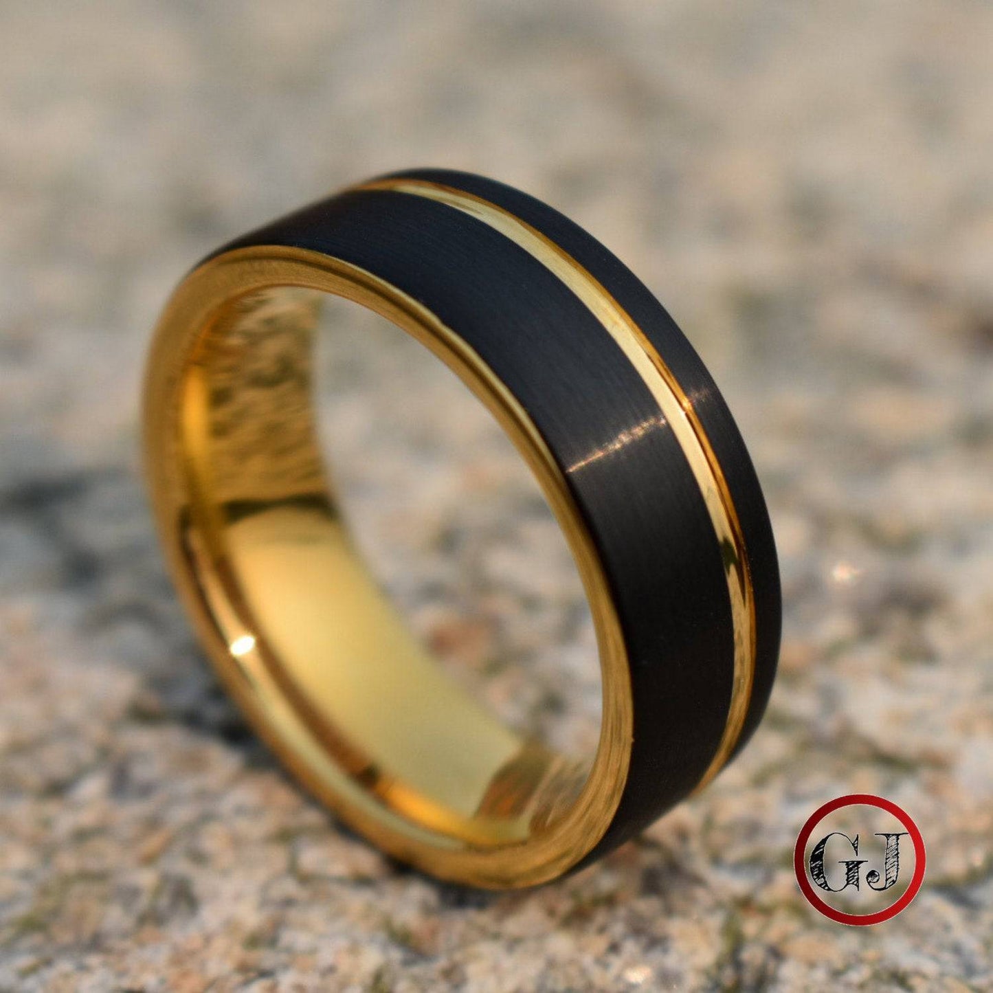 Tungsten 8mm Ring Brushed Black with Gold Accent Stripe - Tungsten Titans