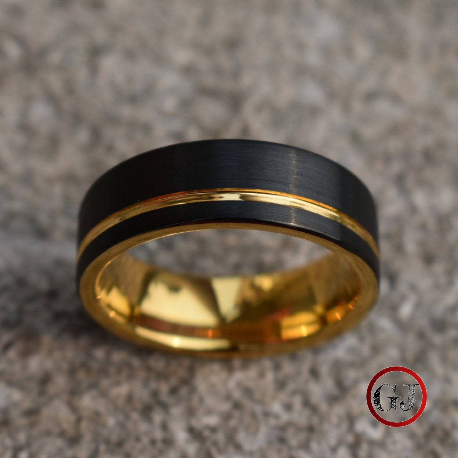 Tungsten 8mm Ring Brushed Black with Gold Accent Stripe - Tungsten Titans
