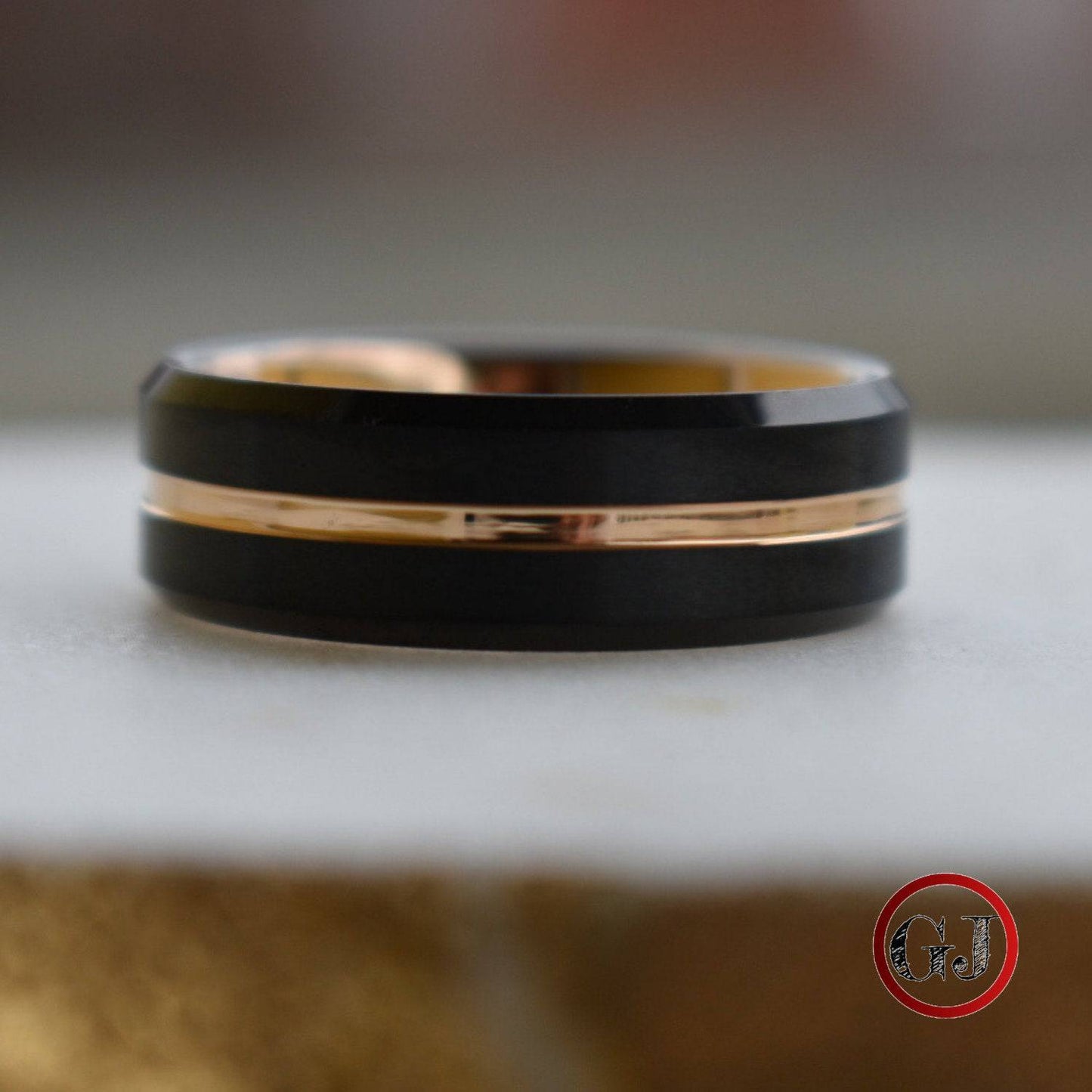 Black 8mm Tungsten Ring with Rose Gold Center Strip - Tungsten Titans