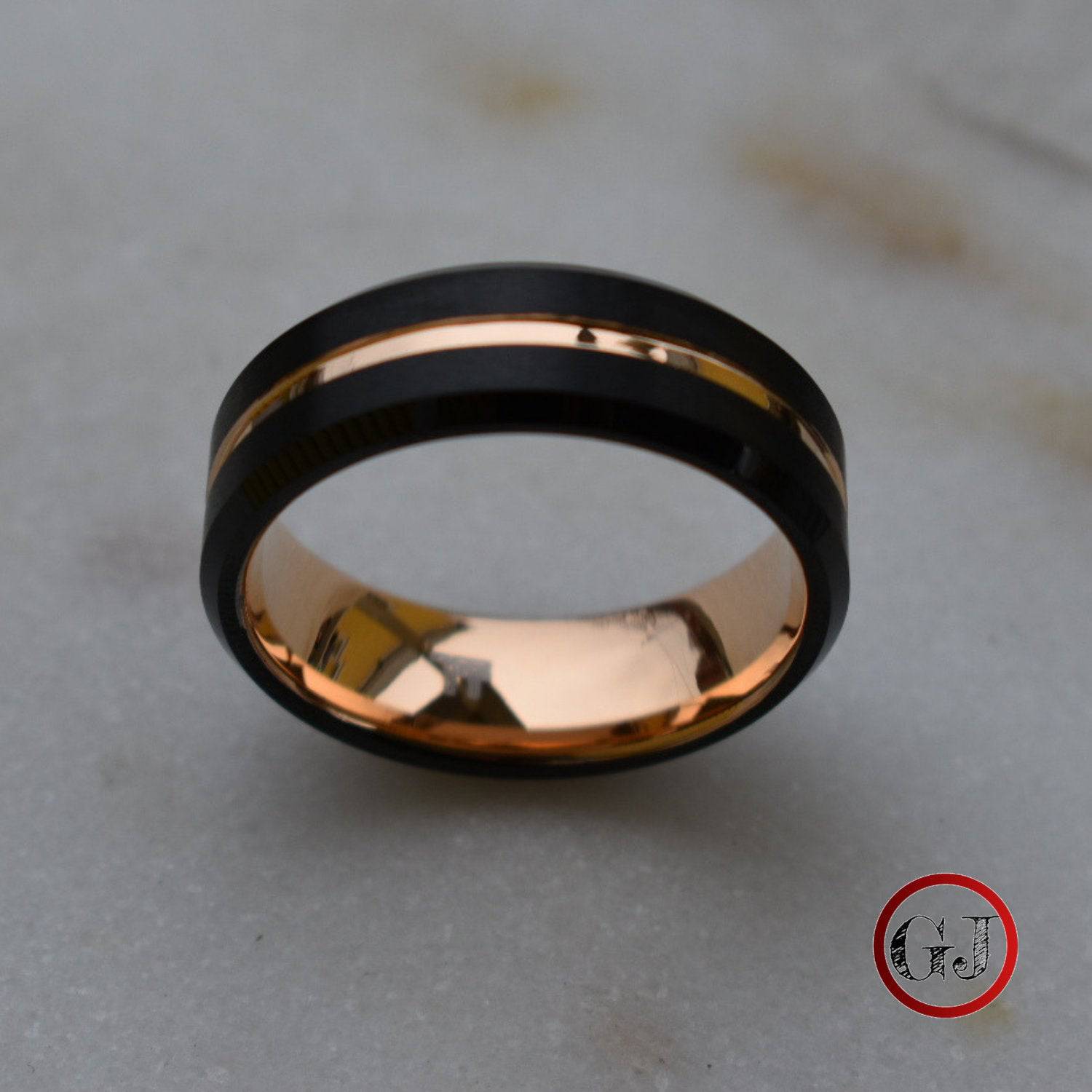 Black 8mm Tungsten Ring with Rose Gold Center Strip - Tungsten Titans