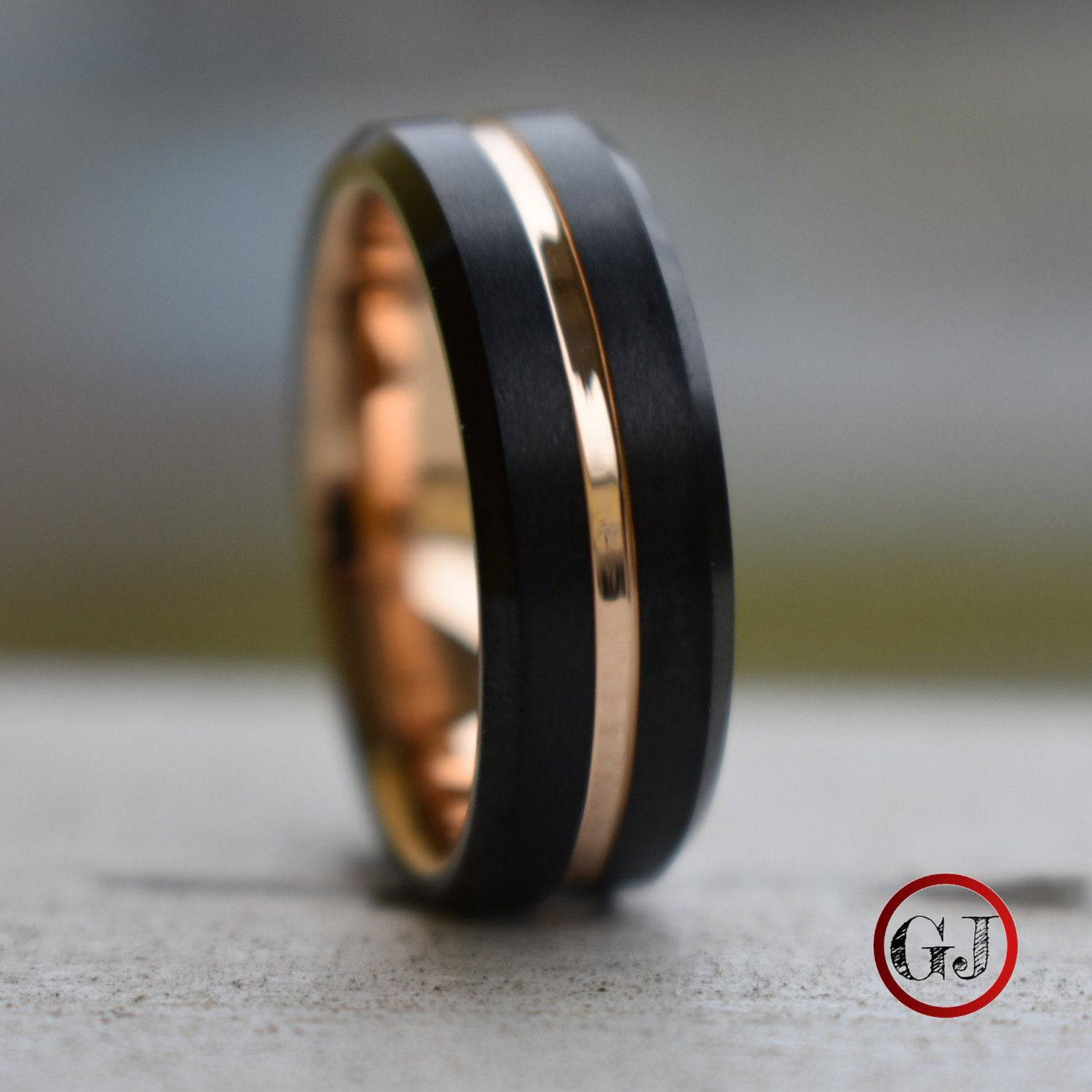 Black 8mm Tungsten Ring with Rose Gold Center Strip - Tungsten Titans