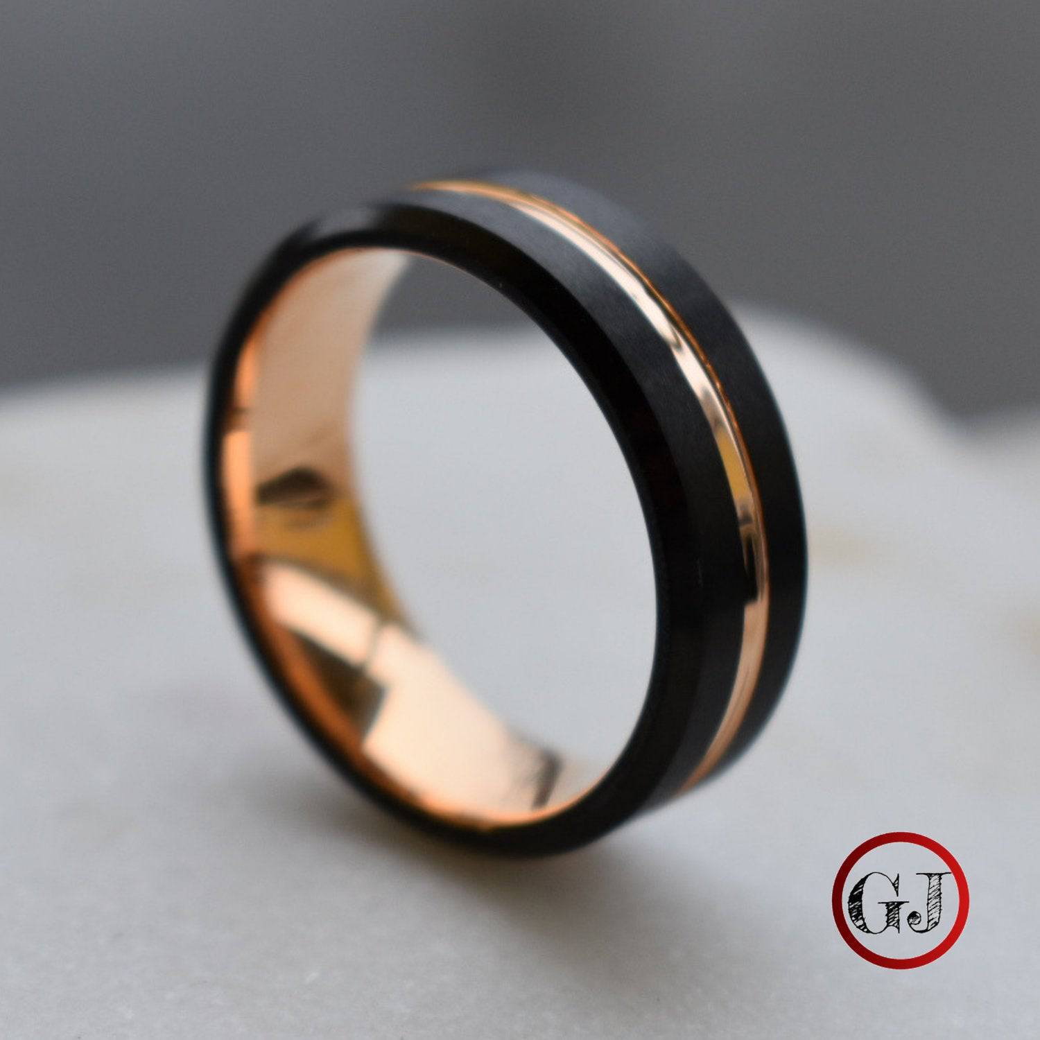 Black 8mm Tungsten Ring with Rose Gold Center Strip - Tungsten Titans