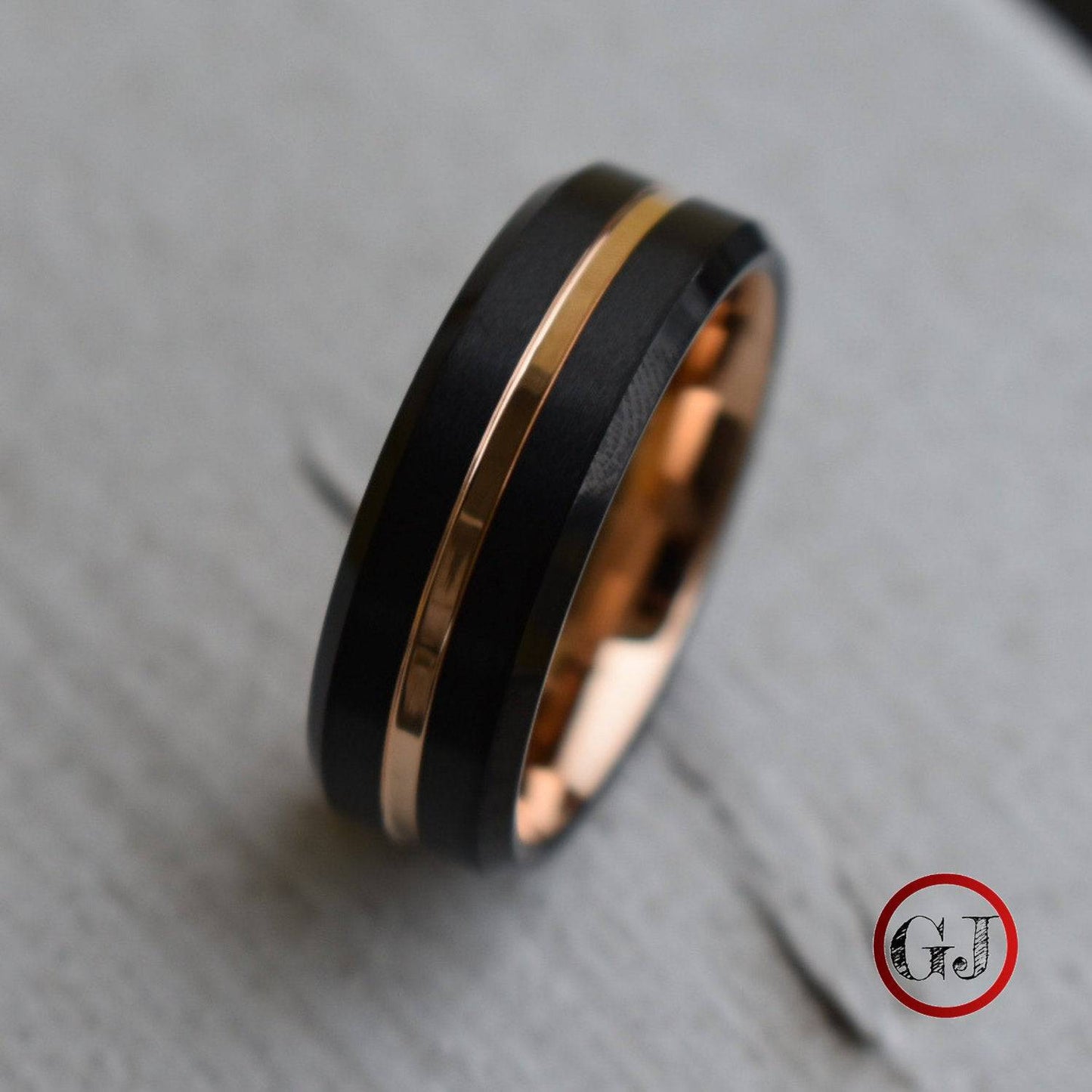 Black 8mm Tungsten Ring with Rose Gold Center Strip - Tungsten Titans