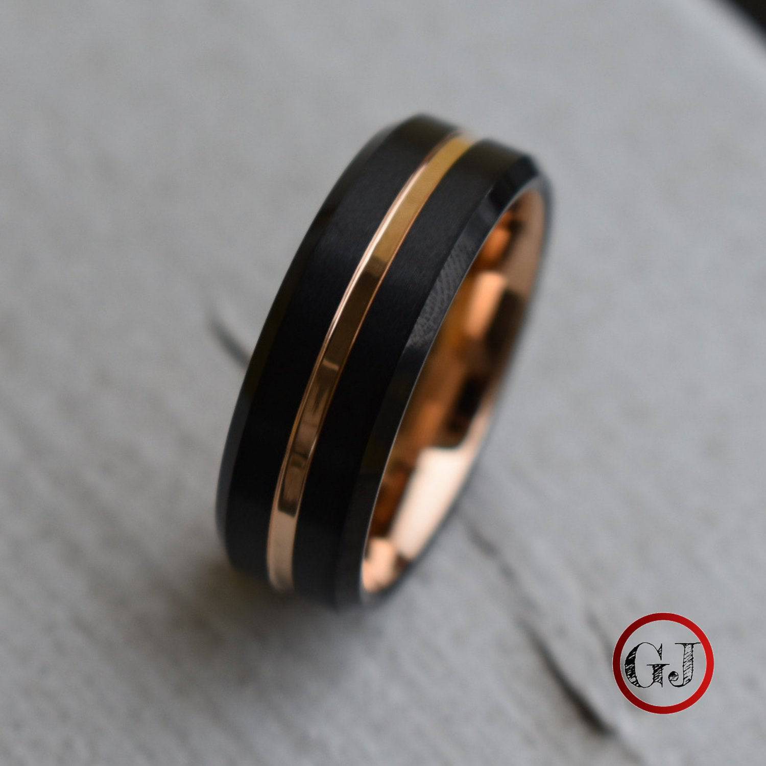 Black 8mm Tungsten Ring with Rose Gold Center Strip - Tungsten Titans