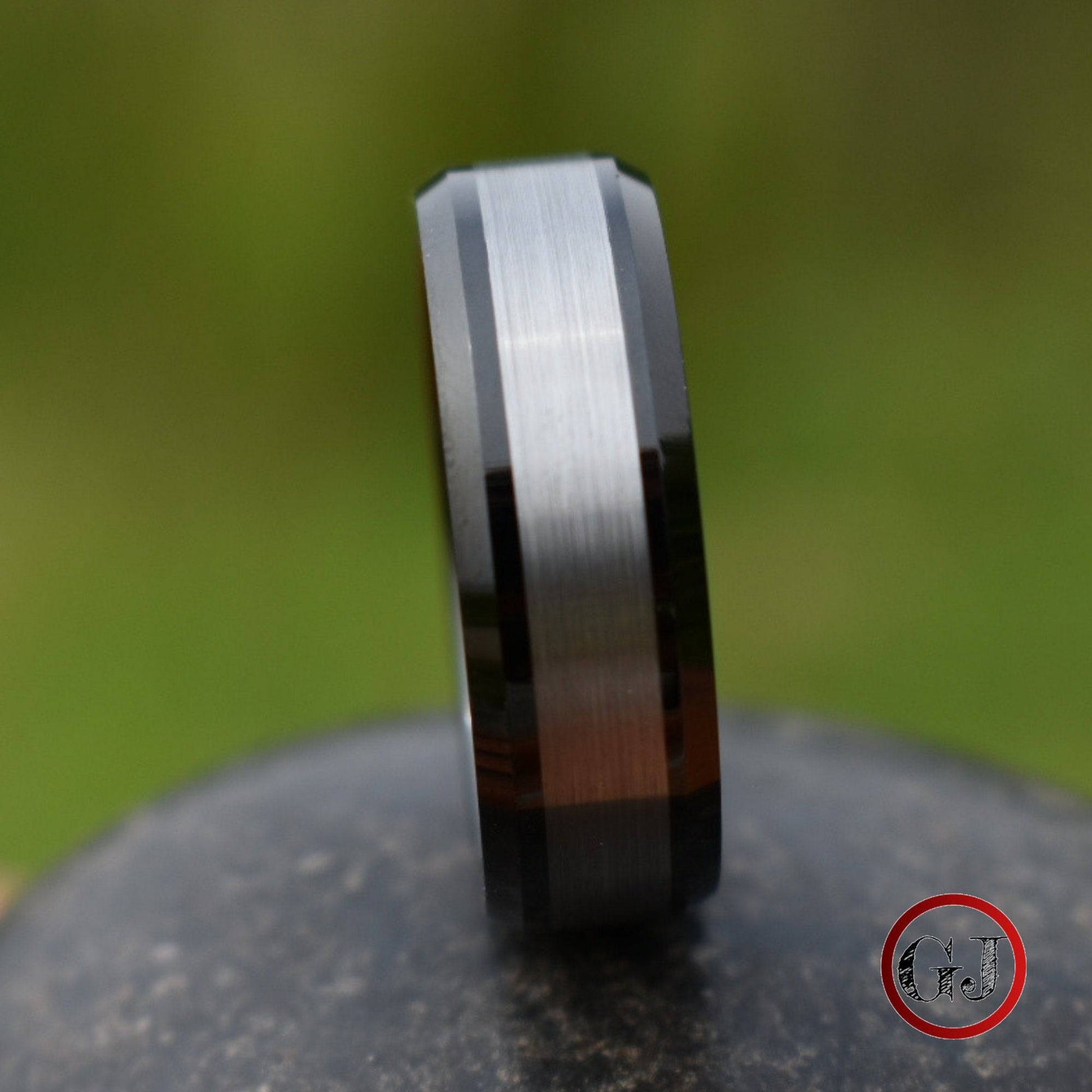 Tungsten Ring Black with Brushed Silver Center - Tungsten Titans