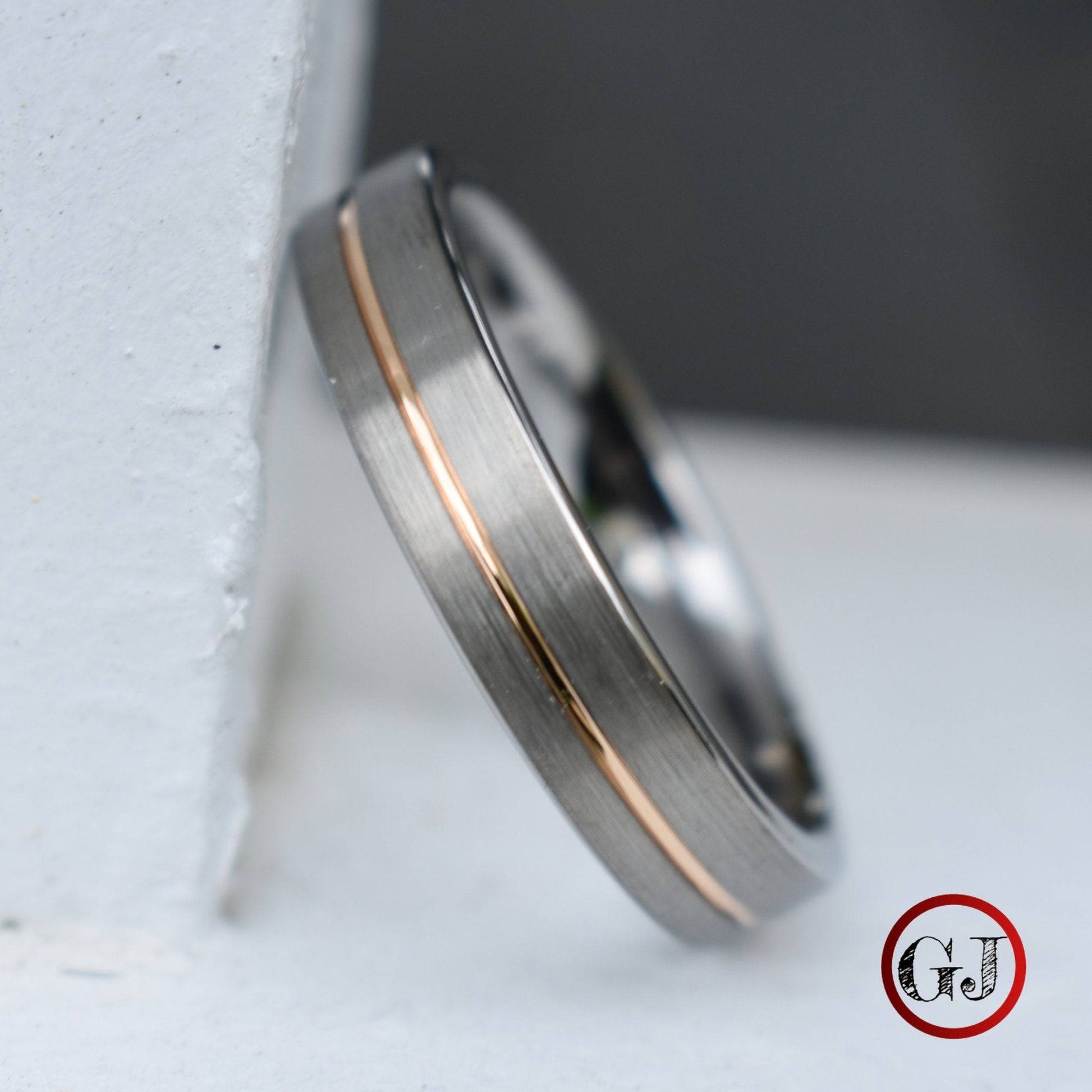 Tungsten Ring 5mm Brushed Silver with Rose Gold Stripe - Tungsten Titans