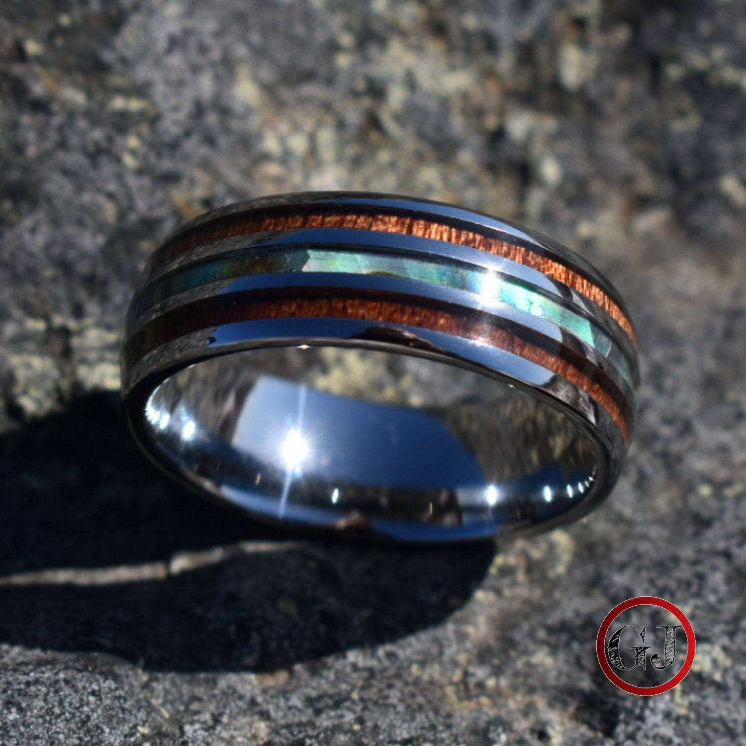 Tungsten 8mm Ring with Koa Wood and Shell Inlay - Tungsten Titans