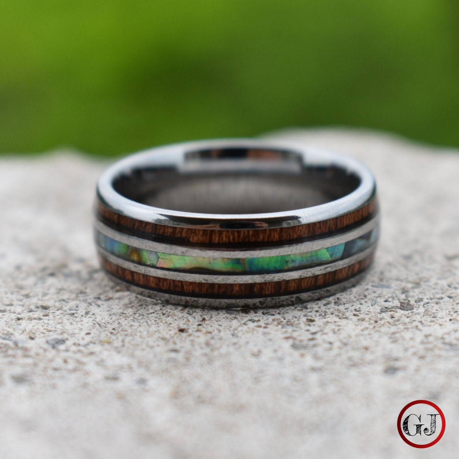 Tungsten 8mm Ring with Koa Wood and Shell Inlay - Tungsten Titans