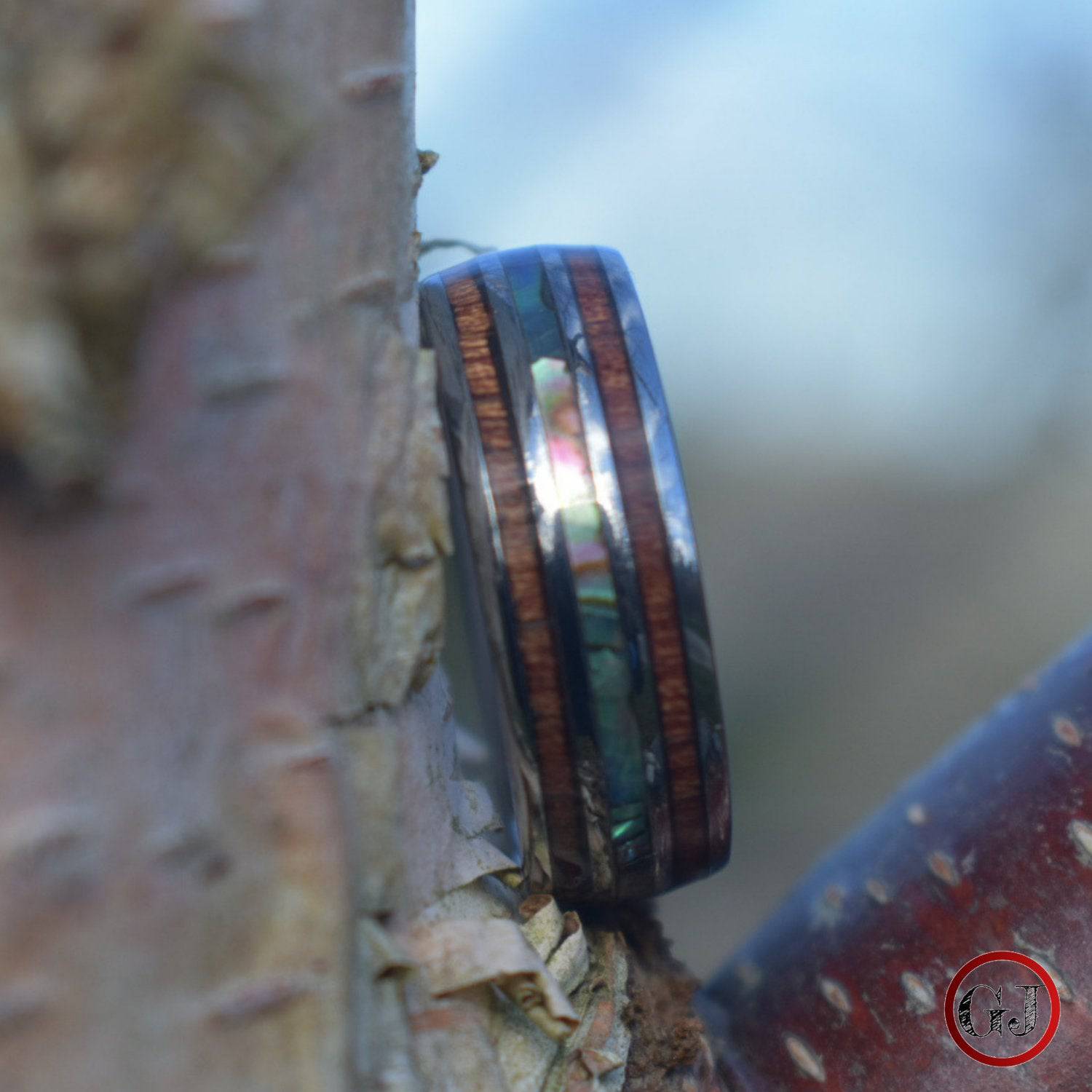 Tungsten 8mm Ring with Koa Wood and Shell Inlay - Tungsten Titans