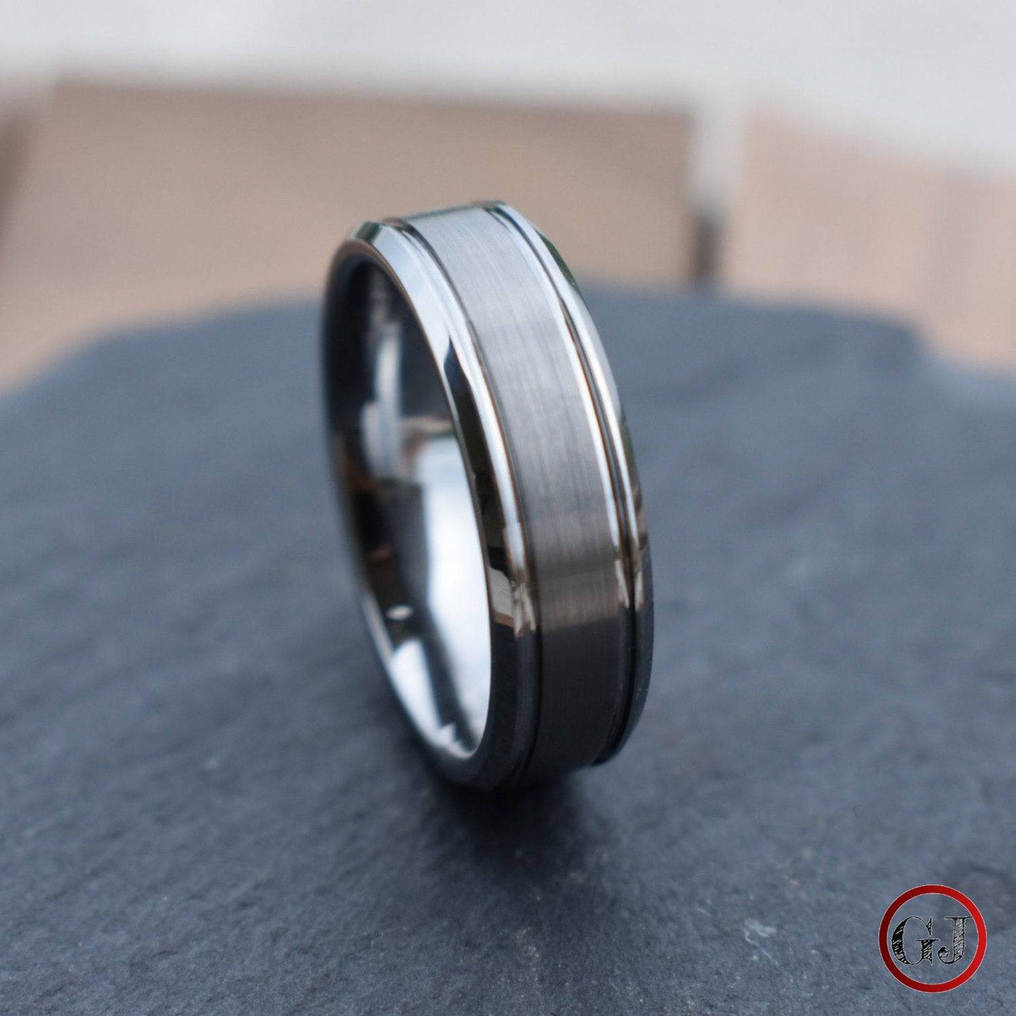 Silver Brushed Bevelled Edge 7mm Tungsten Ring - Tungsten Titans