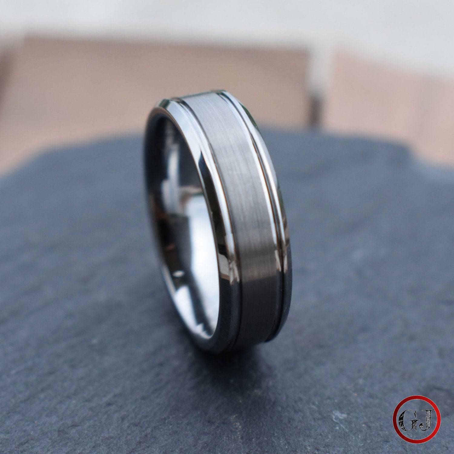 Silver Brushed Bevelled Edge 7mm Tungsten Ring - Tungsten Titans