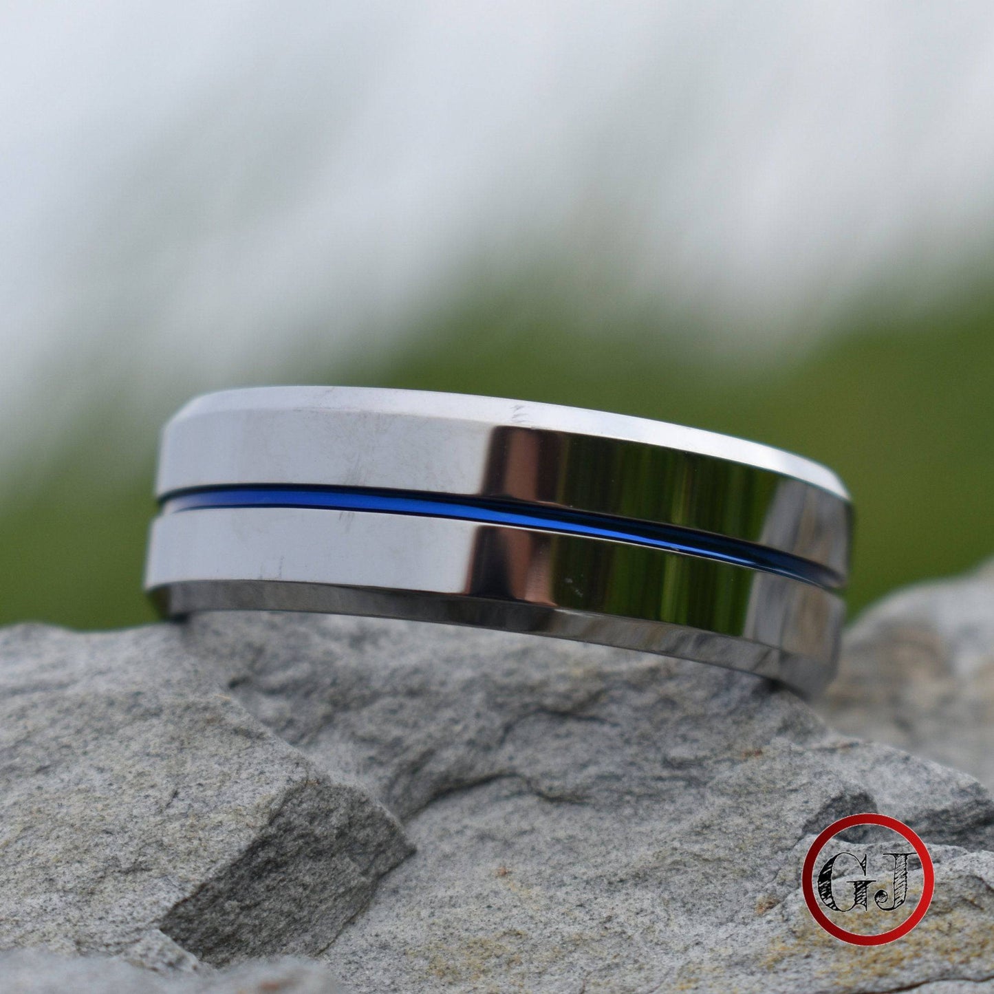Tungsten 8mm Silver Ring with a Blue Center Strip - Tungsten Titans