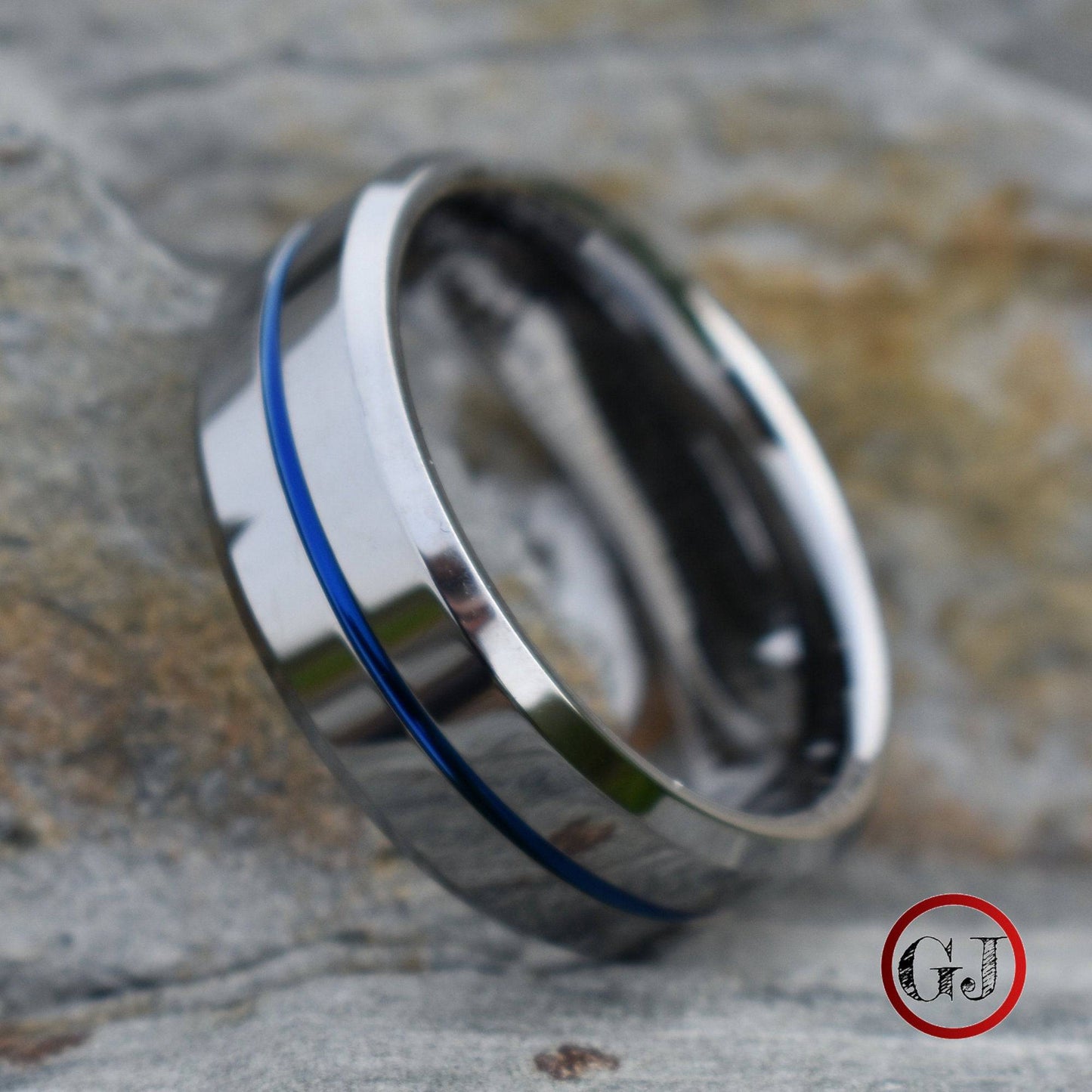 Tungsten 8mm Silver Ring with a Blue Center Strip - Tungsten Titans