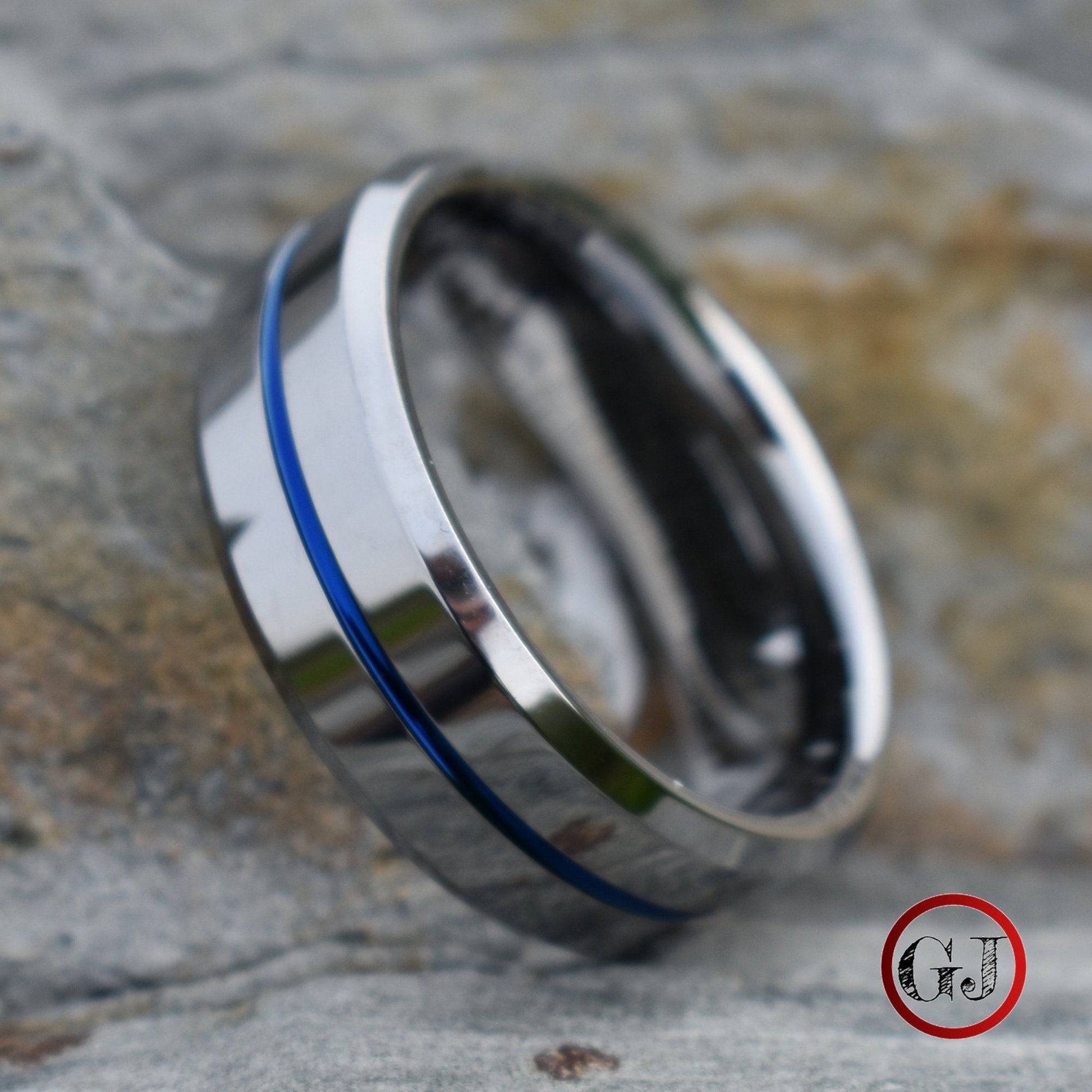 Tungsten 8mm Silver Ring with a Blue Center Strip - Tungsten Titans
