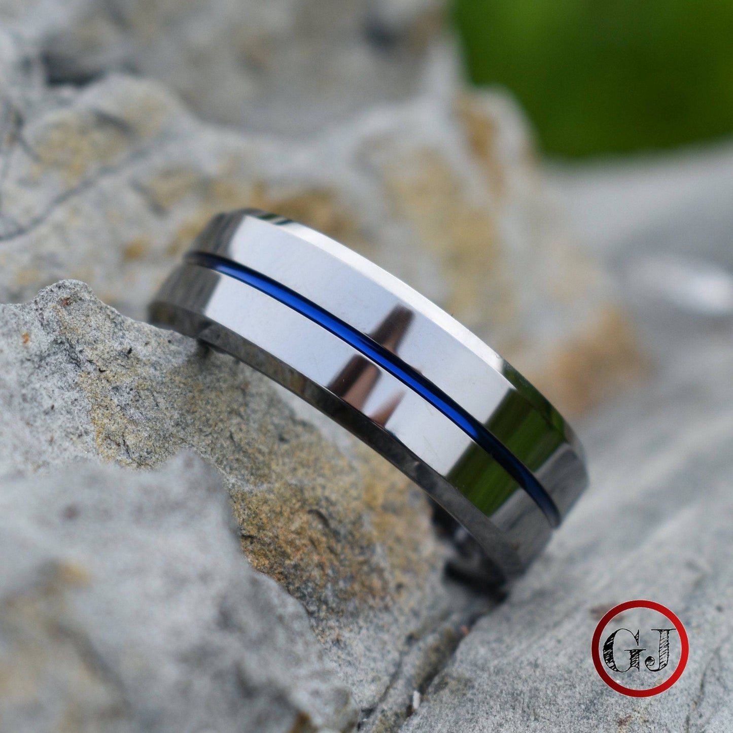Tungsten 8mm Silver Ring with a Blue Center Strip - Tungsten Titans