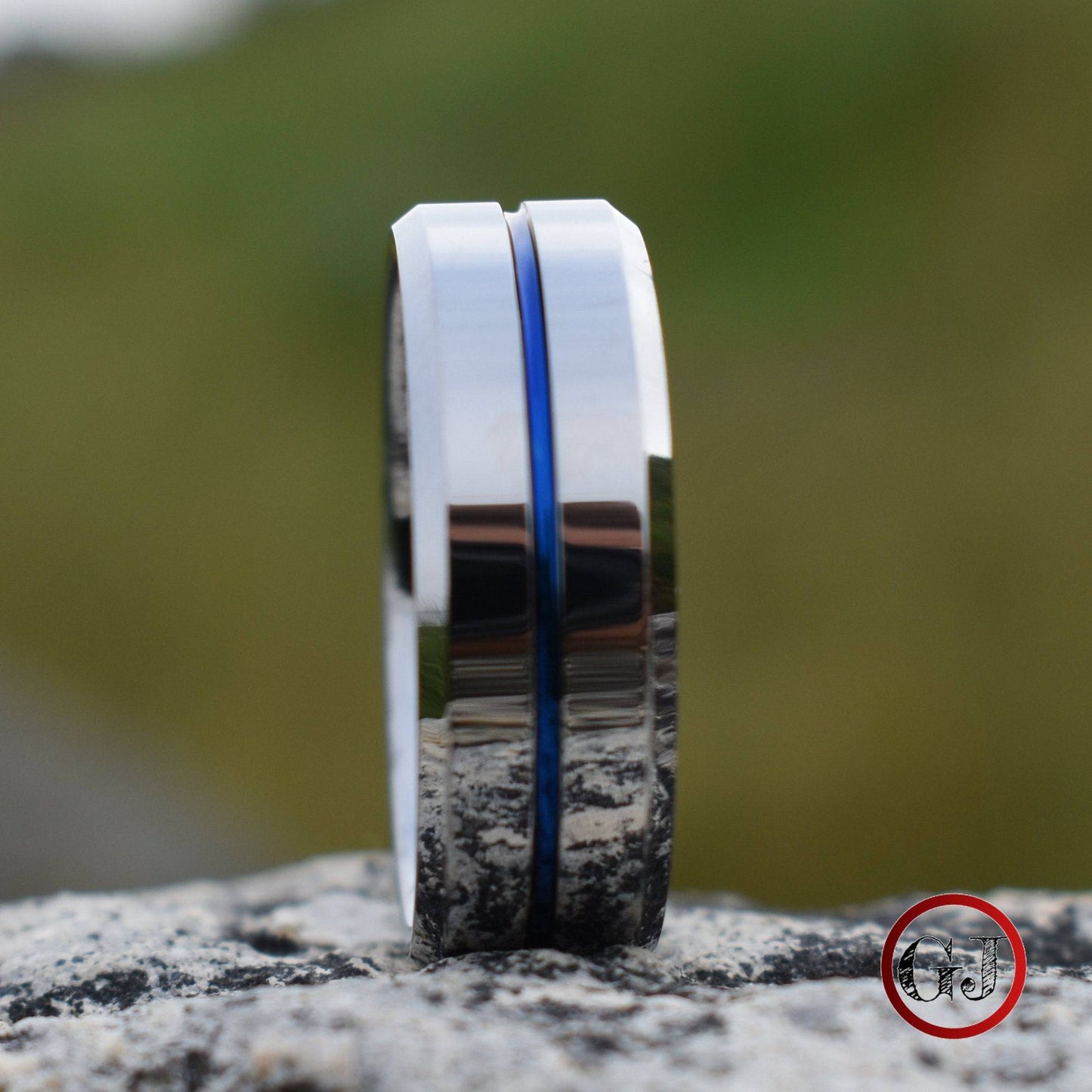 Tungsten 8mm Silver Ring with a Blue Center Strip - Tungsten Titans