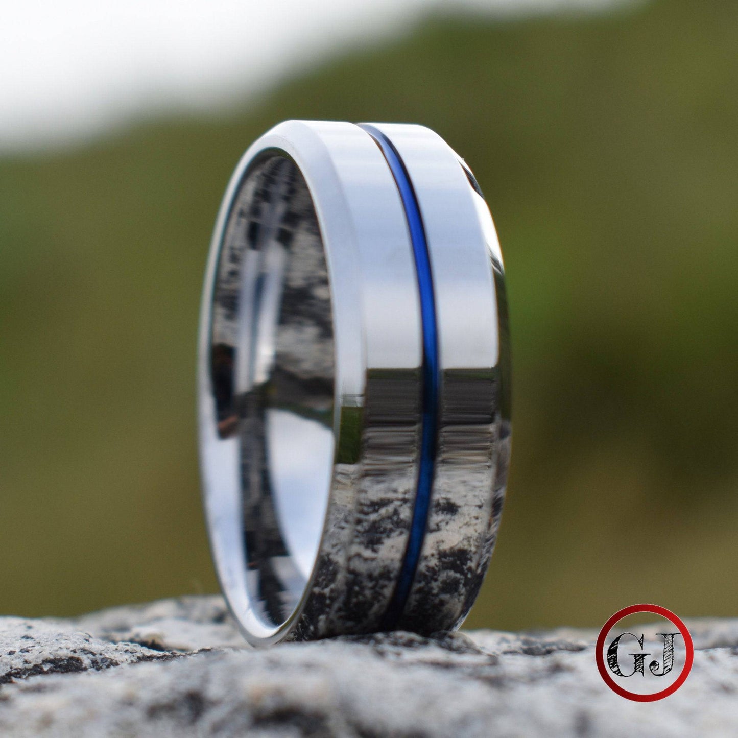 Tungsten 8mm Silver Ring with a Blue Center Strip - Tungsten Titans