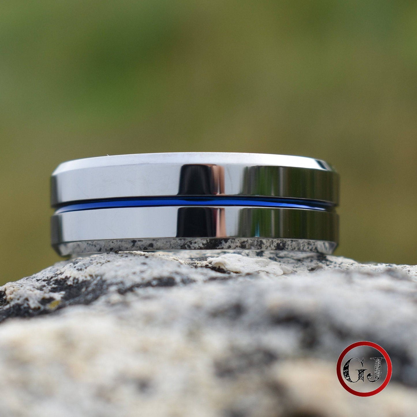 Tungsten 8mm Silver Ring with a Blue Center Strip - Tungsten Titans