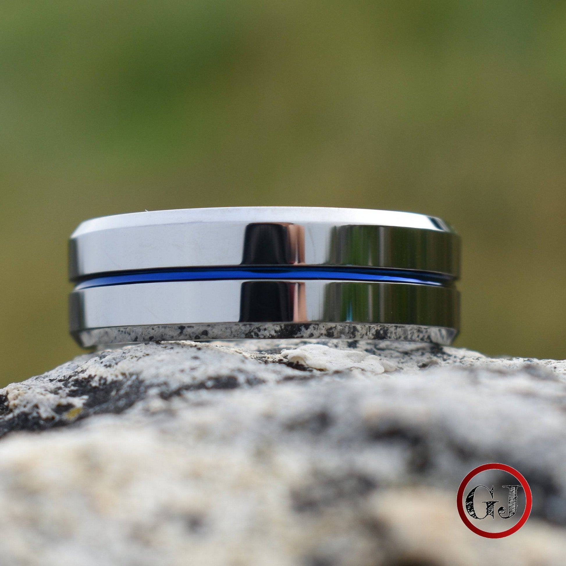 Tungsten 8mm Silver Ring with a Blue Center Strip - Tungsten Titans
