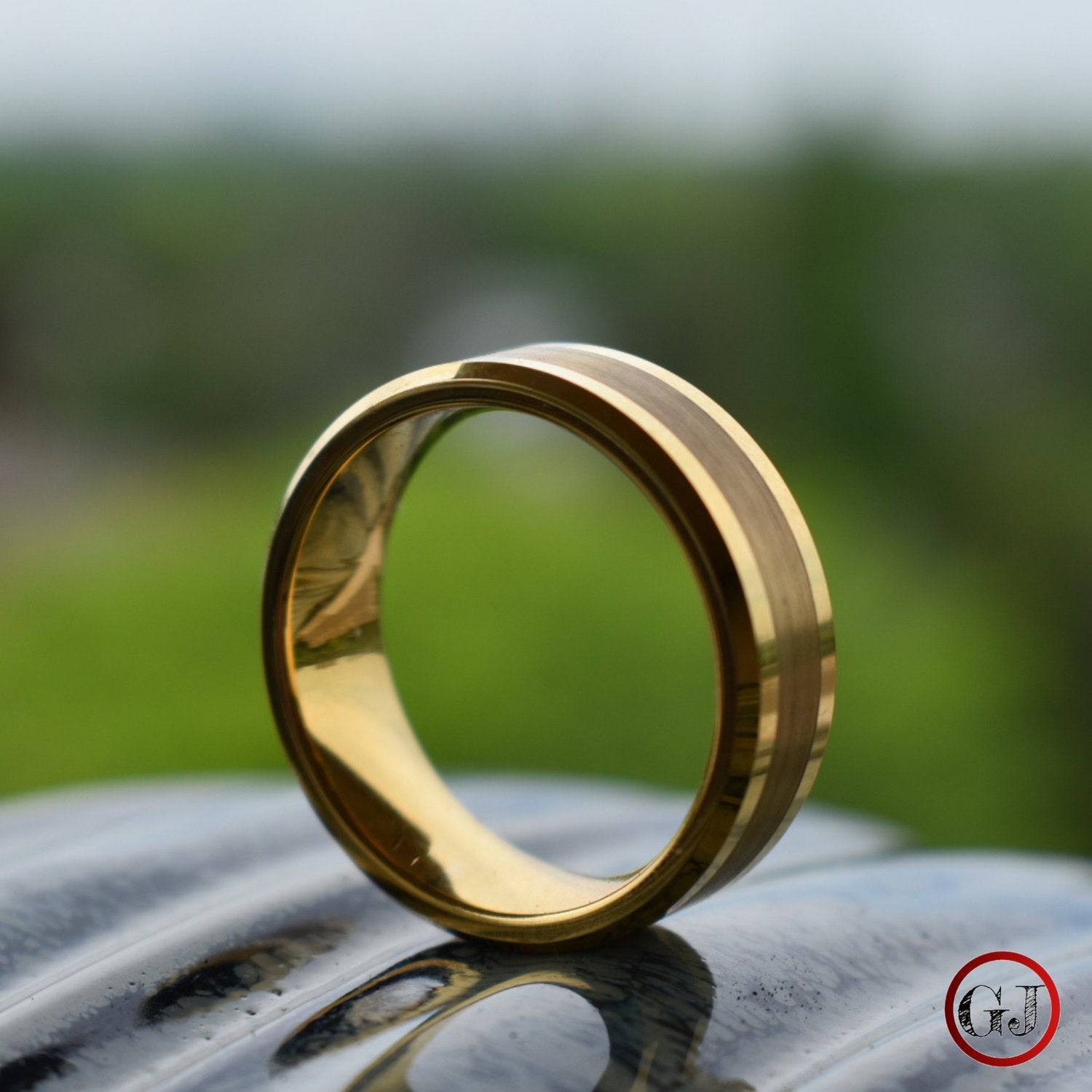 Tungsten 8mm Brushed Gold Ring with High Polished Edges - Tungsten Titans