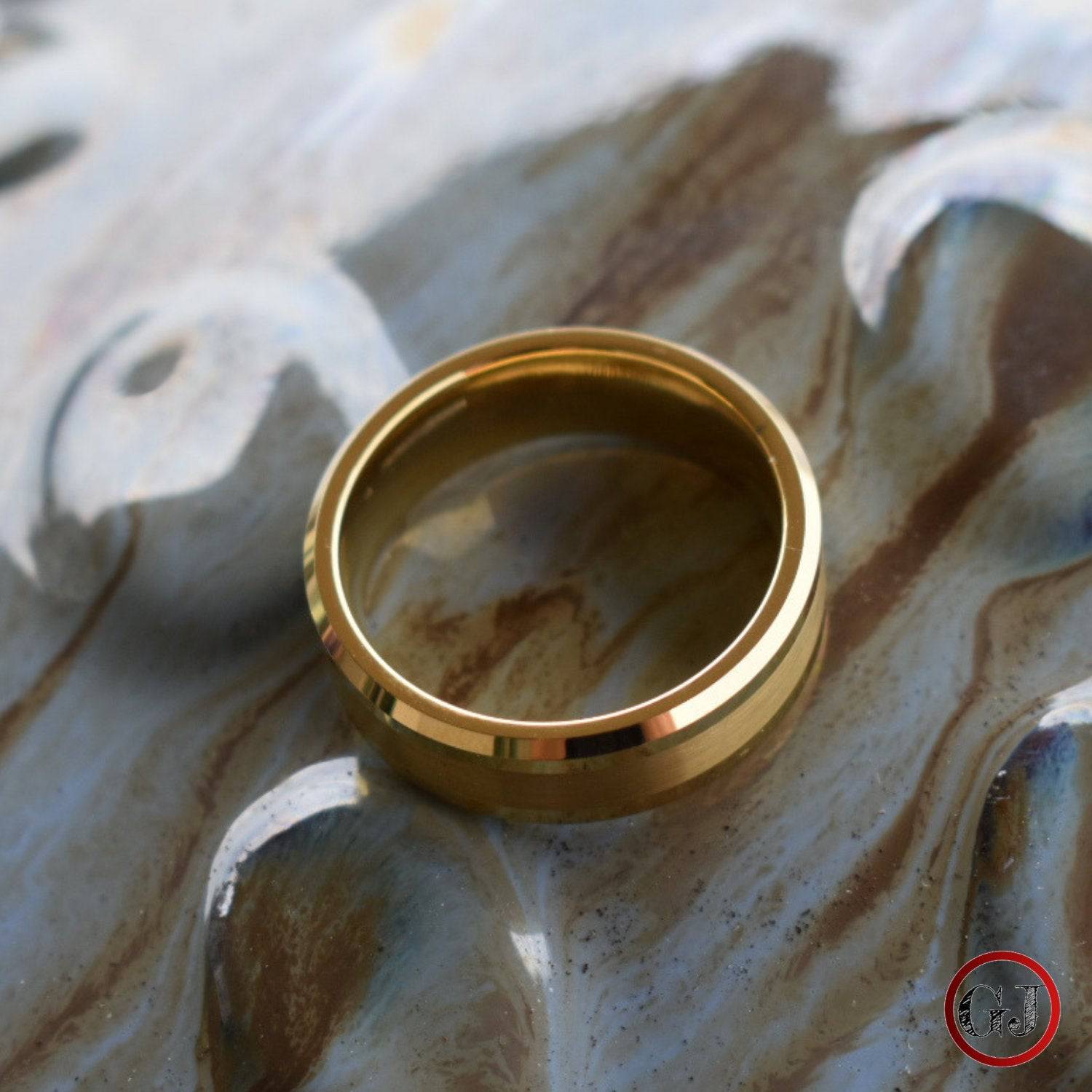 Tungsten 8mm Brushed Gold Ring with High Polished Edges - Tungsten Titans