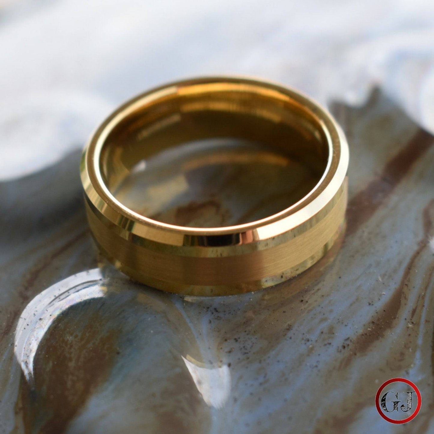 Tungsten 8mm Brushed Gold Ring with High Polished Edges - Tungsten Titans