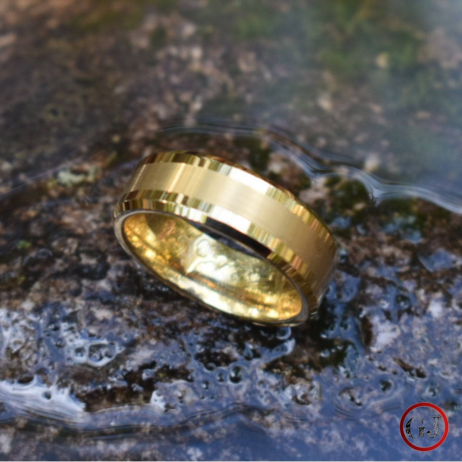 Tungsten 8mm Brushed Gold Ring with High Polished Edges - Tungsten Titans