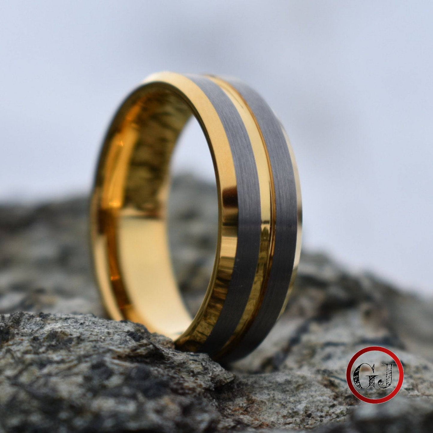Tungsten 8mm Gold Ring with Brushed Silver Bands - Tungsten Titans