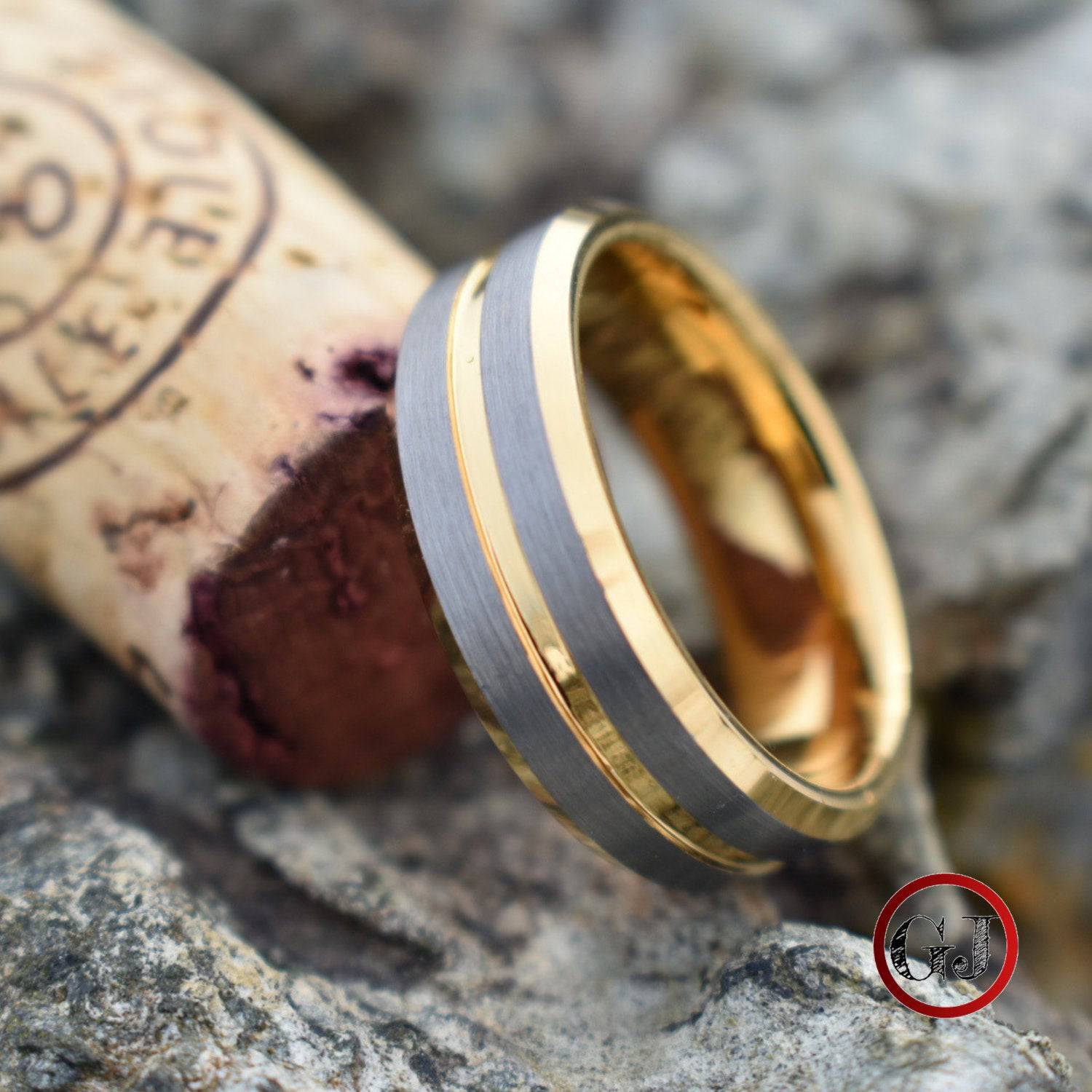 Tungsten 8mm Gold Ring with Brushed Silver Bands - Tungsten Titans