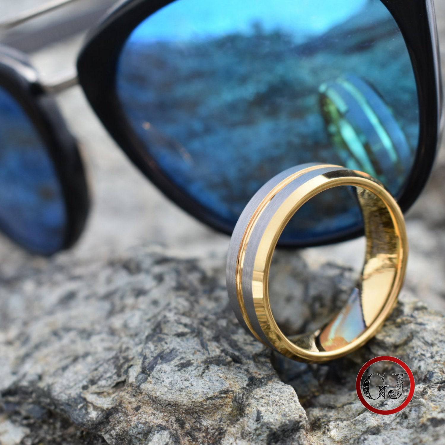Tungsten 8mm Gold Ring with Brushed Silver Bands - Tungsten Titans