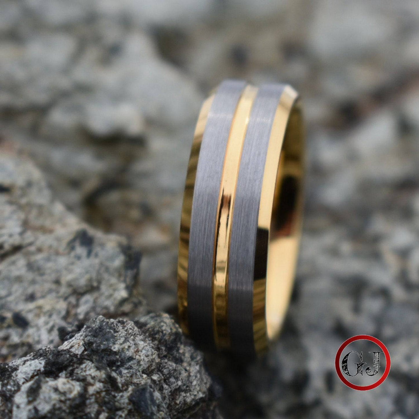 Tungsten 8mm Gold Ring with Brushed Silver Bands - Tungsten Titans