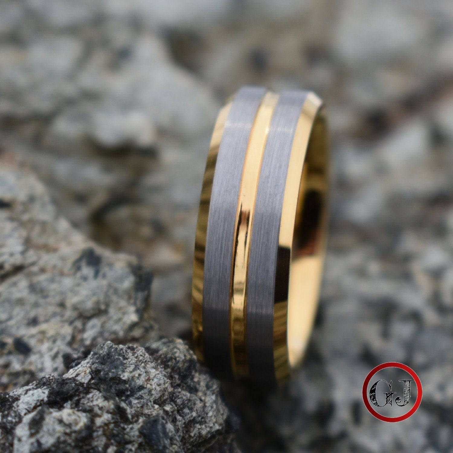 Tungsten 8mm Gold Ring with Brushed Silver Bands - Tungsten Titans