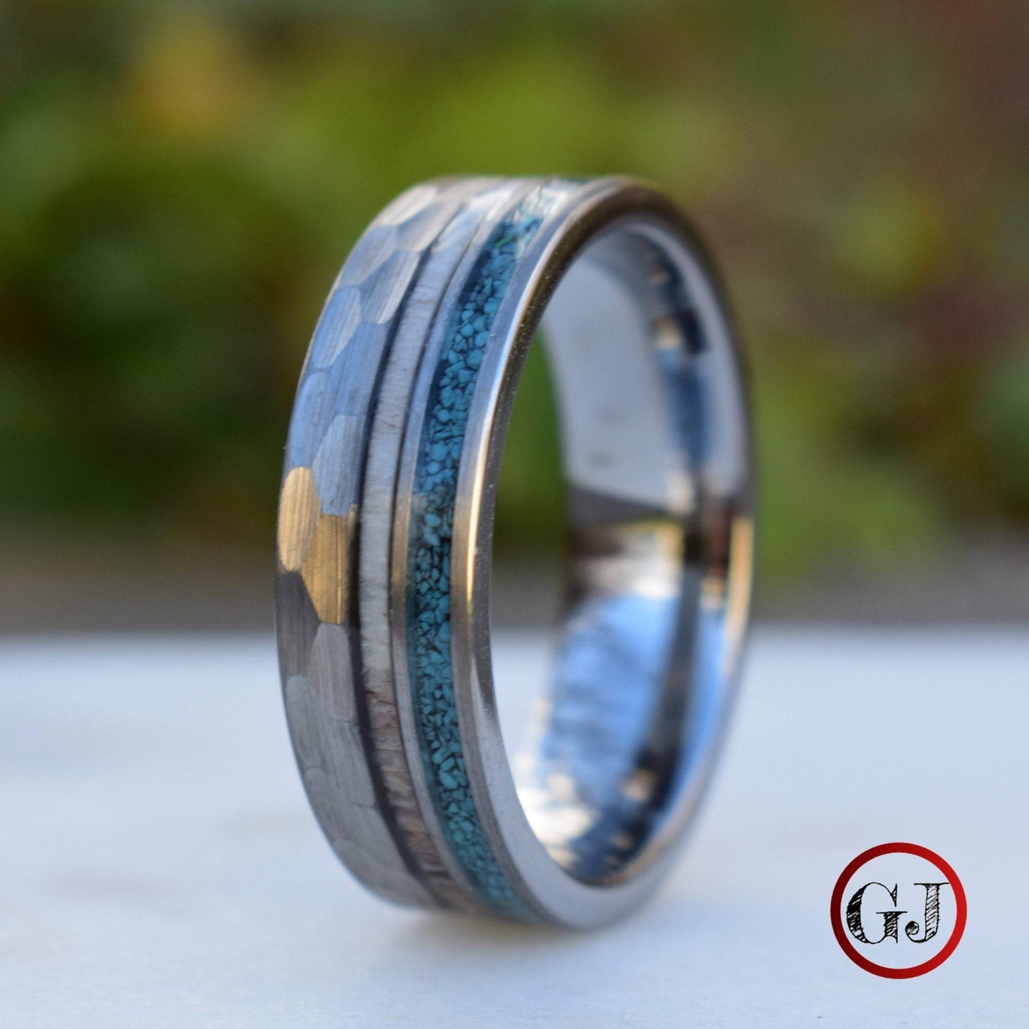 Tungsten 8mm Hammered Ring with Antler and Crushed Turquoise - Tungsten Titans